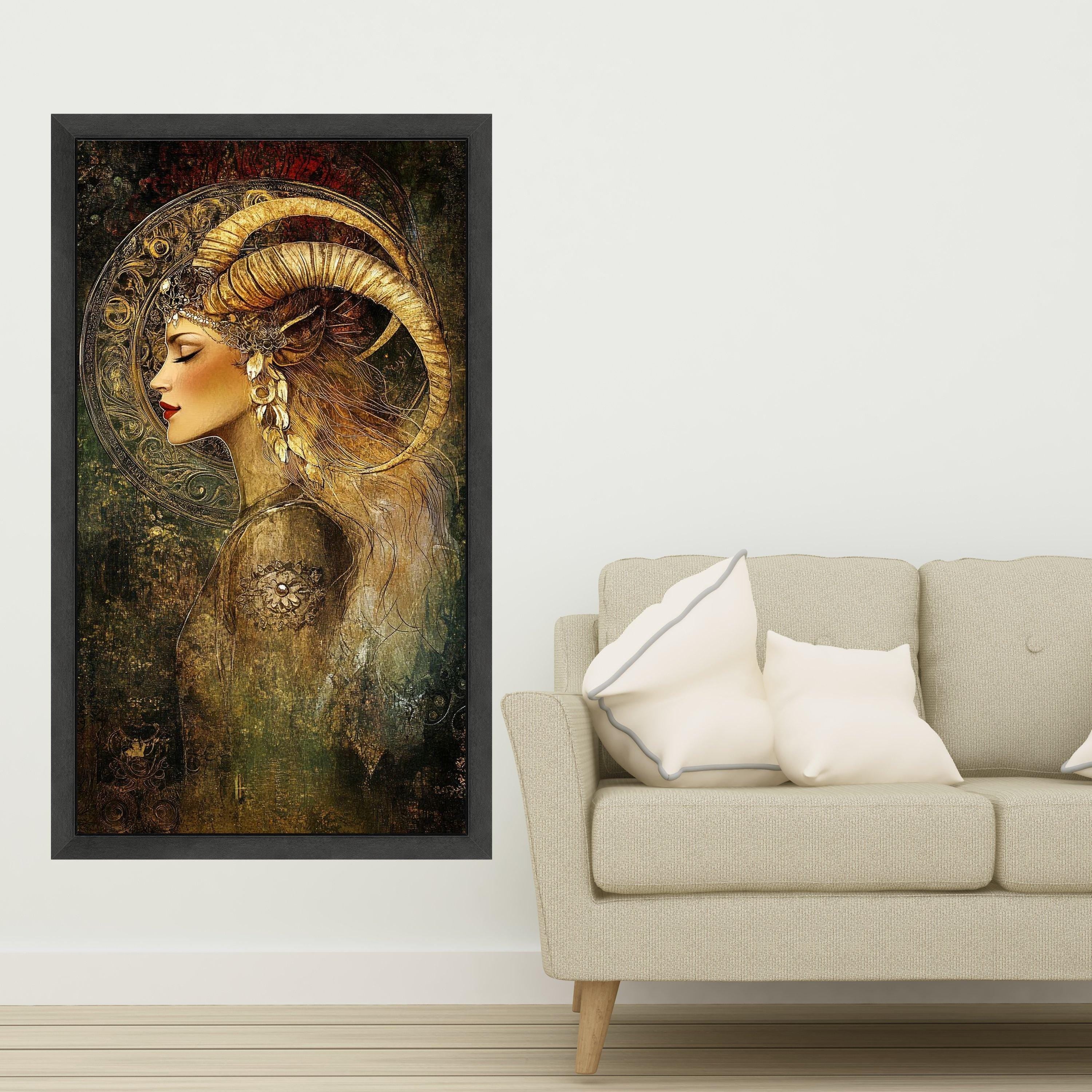 Mystical Woman with Ram Horns Canvas, Fantasy Portrait Wall Art, Bohemian Decor, Ethereal Female Canvas, Ready to Hang Home Ready To Hang,