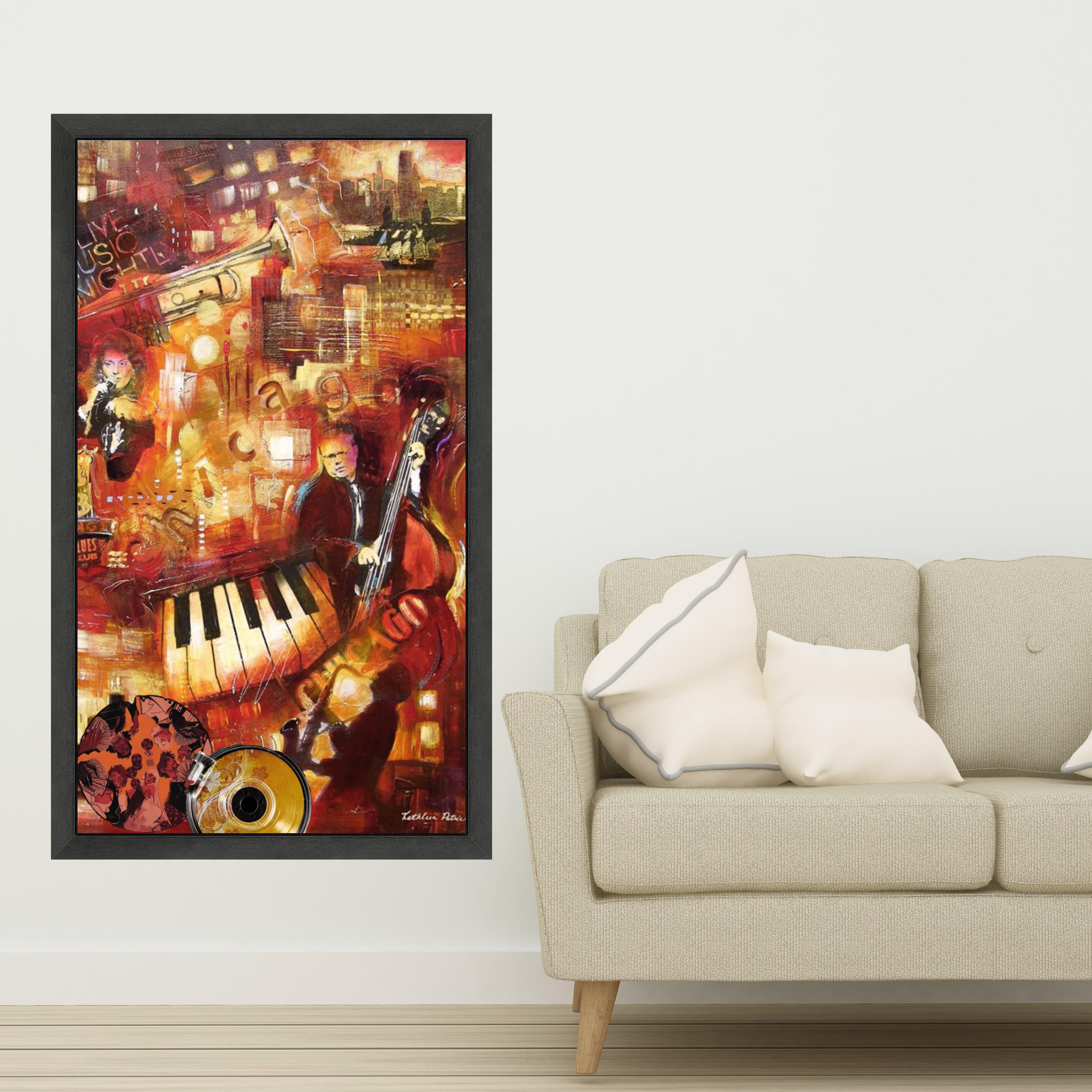 Vibrant Jazz Night Scene Canvas, Musical Instruments Art, Blues Club Wall Decor, Cityscape Music Theme, Live Performance Ready To Hang,