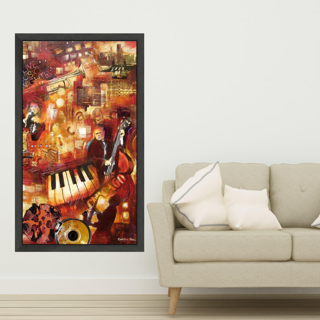 Vibrant Jazz Night Scene Canvas, Musical Instruments Art, Blues Club Wall Decor, Cityscape Music Theme, Live Performance Ready To Hang,