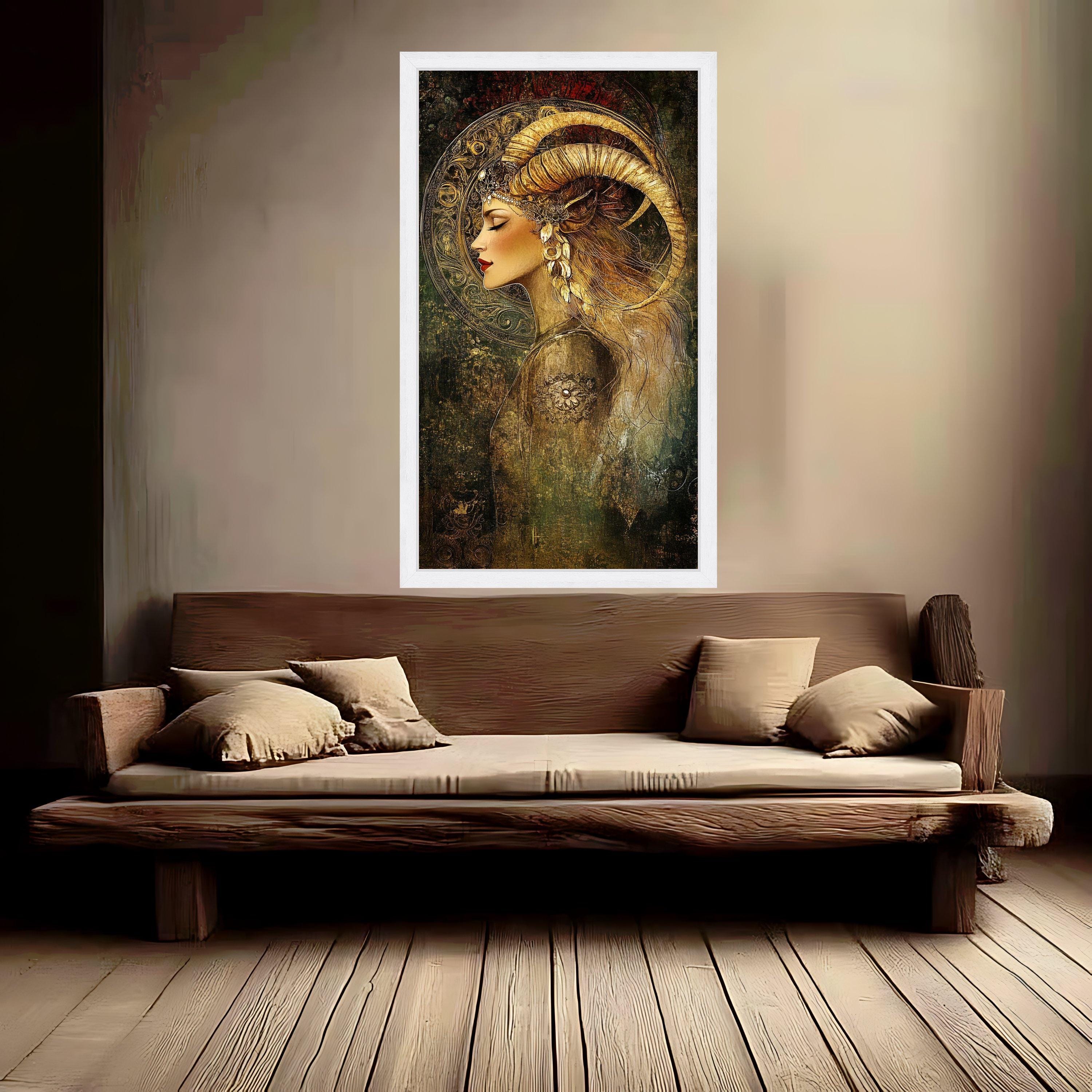 Mystical Woman with Ram Horns Canvas, Fantasy Portrait Wall Art, Bohemian Decor, Ethereal Female Canvas, Ready to Hang Home Ready To Hang,