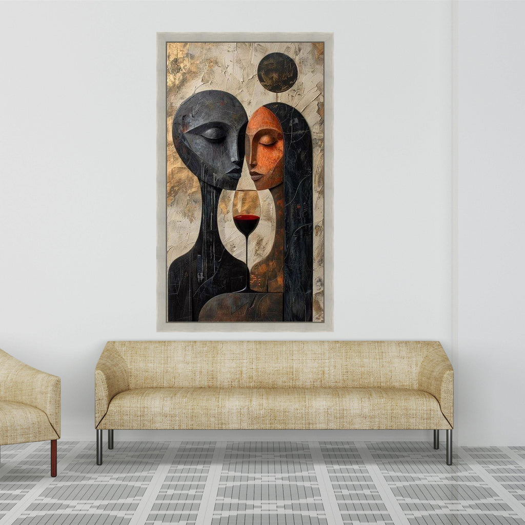 Abstract Couple with Wine Glass Canvas, Modern Romantic Wall Art, Contemporary Faces Painting, Love Decor, Ready to Hang Ready To Hang,