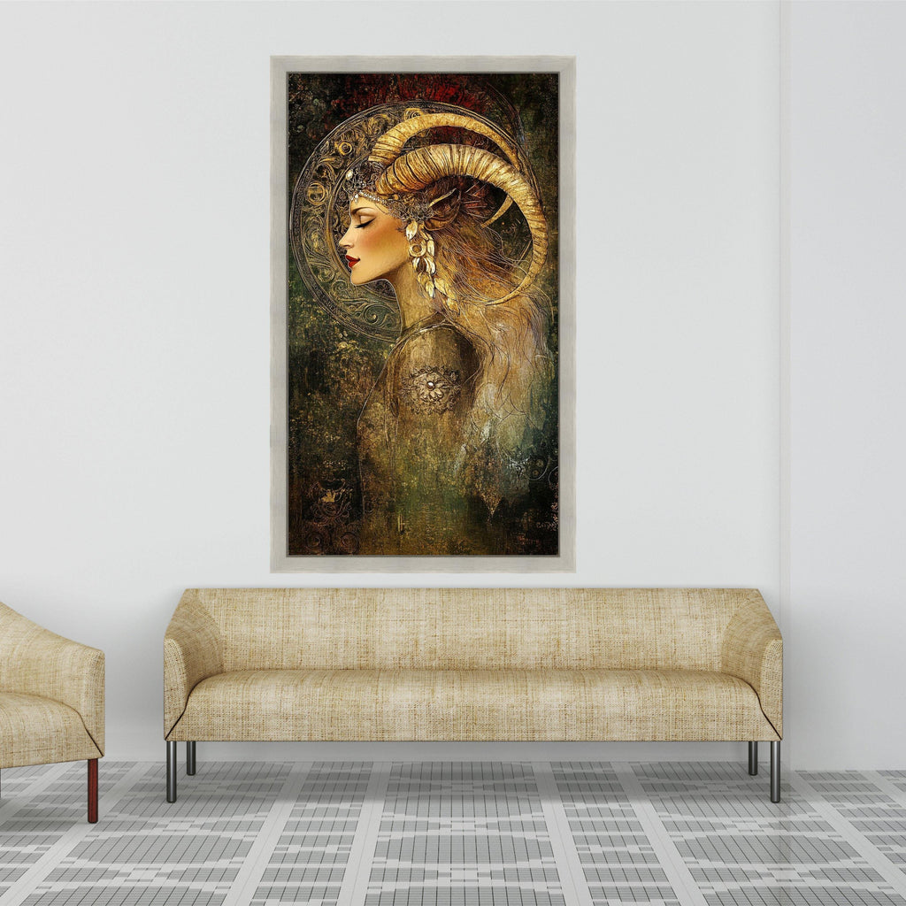 Mystical Woman with Ram Horns Canvas, Fantasy Portrait Wall Art, Bohemian Decor, Ethereal Female Canvas, Ready to Hang Home Ready To Hang,