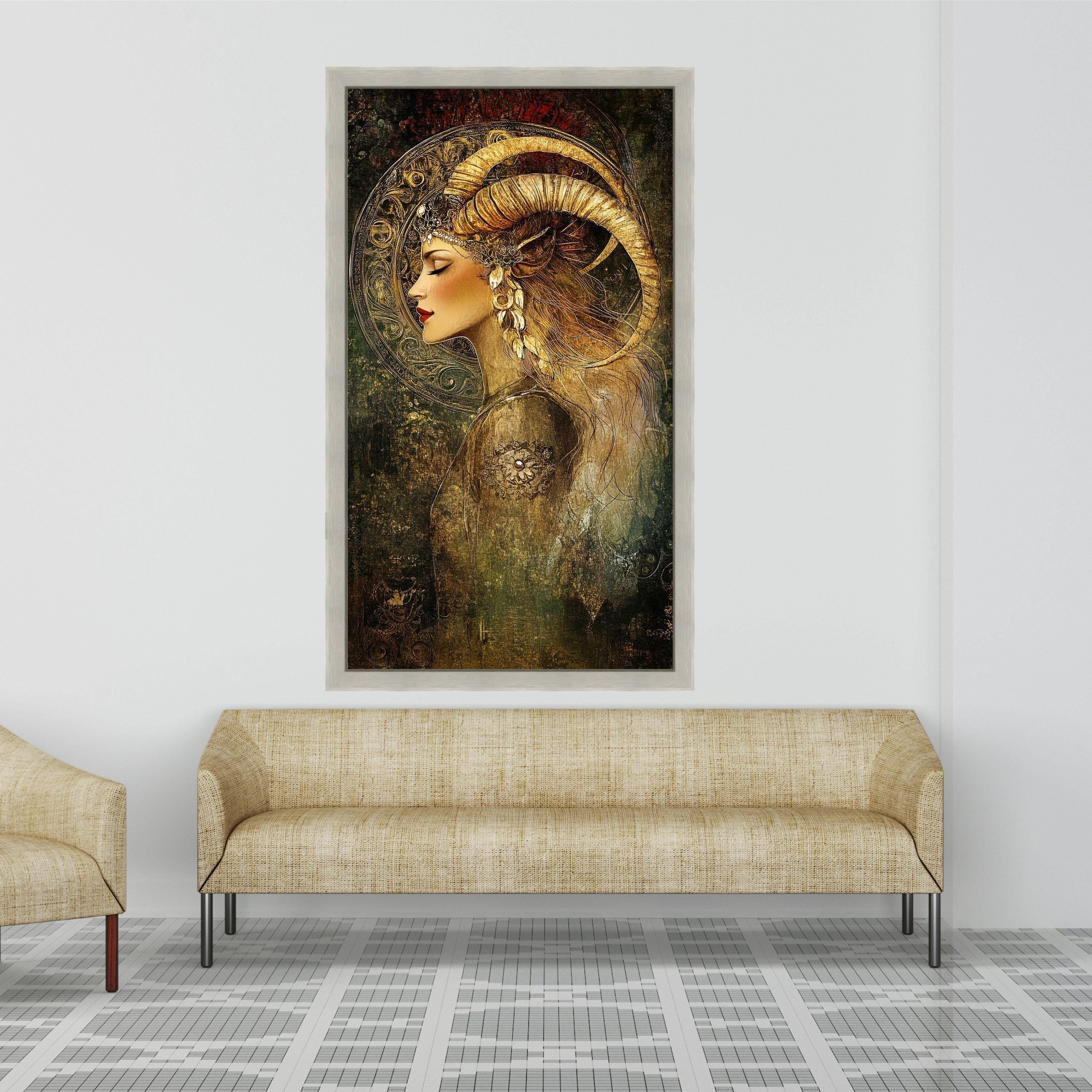 Mystical Woman with Ram Horns Canvas, Fantasy Portrait Wall Art, Bohemian Decor, Ethereal Female Canvas, Ready to Hang Home Ready To Hang,