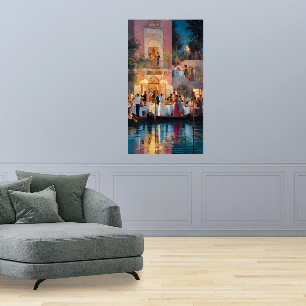 Venetian Evening Celebration, Canal Dining Scene Canvas, Romantic Italy Wall Art, Vintage Social Gathering Canvas, Elegant Ready To Hang,