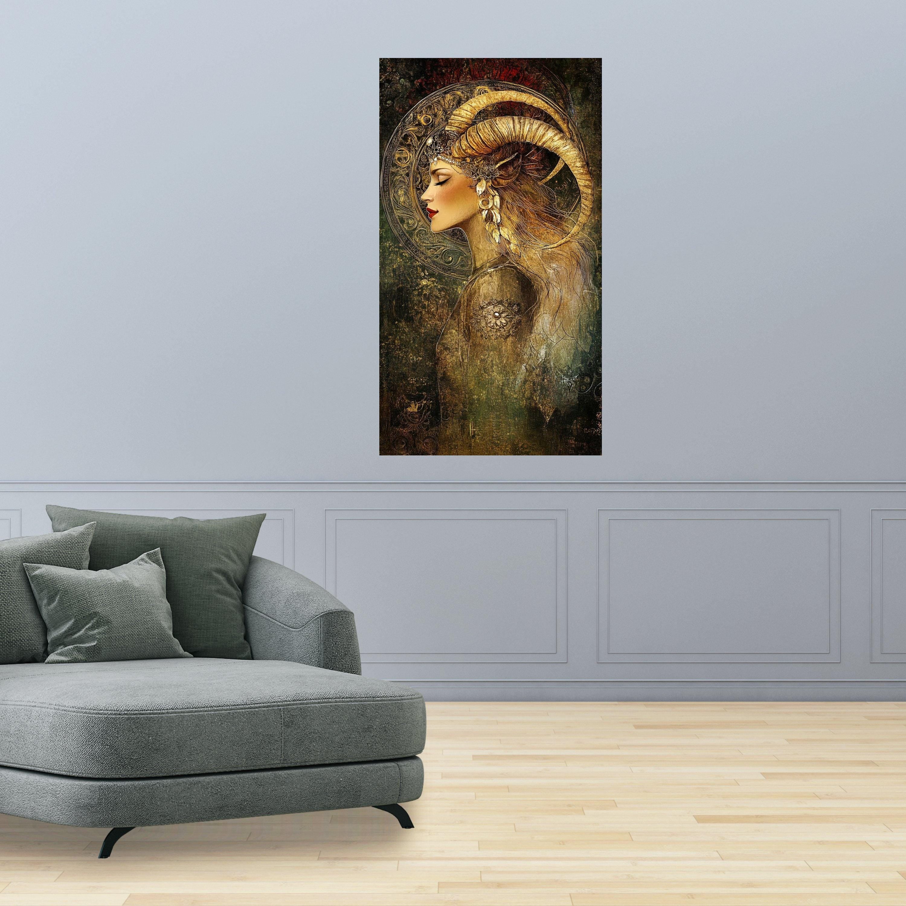 Mystical Woman with Ram Horns Canvas, Fantasy Portrait Wall Art, Bohemian Decor, Ethereal Female Canvas, Ready to Hang Home Ready To Hang,