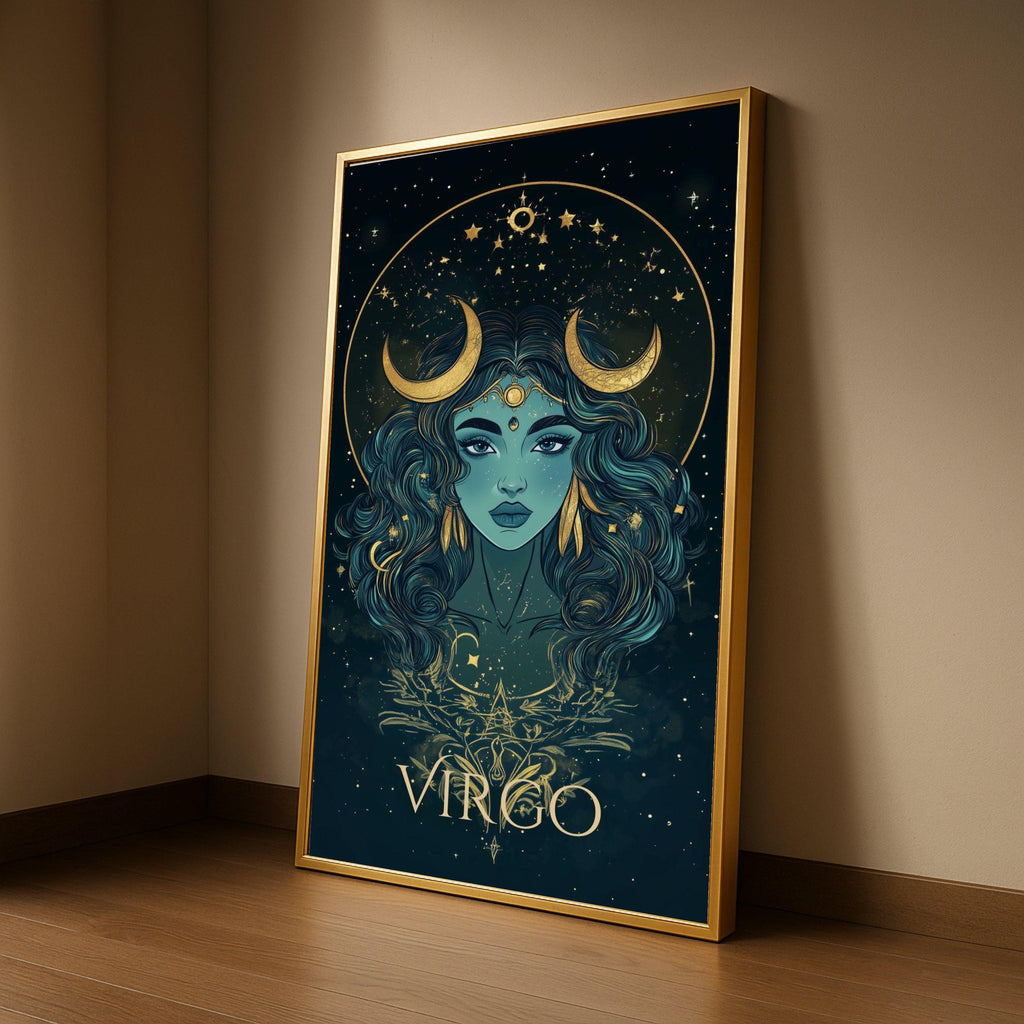 Mystic Virgo Zodiac Canvas Wall Art, Astrology Portrait Print, Celestial Horoscope Decoration, Woman with Crescent Moon, Ready To Hang,