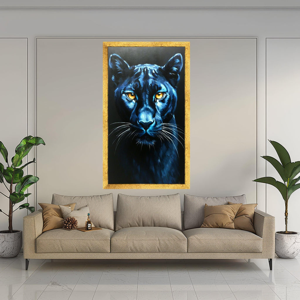 Majestic Black Panther Canvas Wall Art, Blue Toned Animal Portrait, Fierce Wildlife Home Decor, Big Cat Face Painting, Ready Ready To Hang,