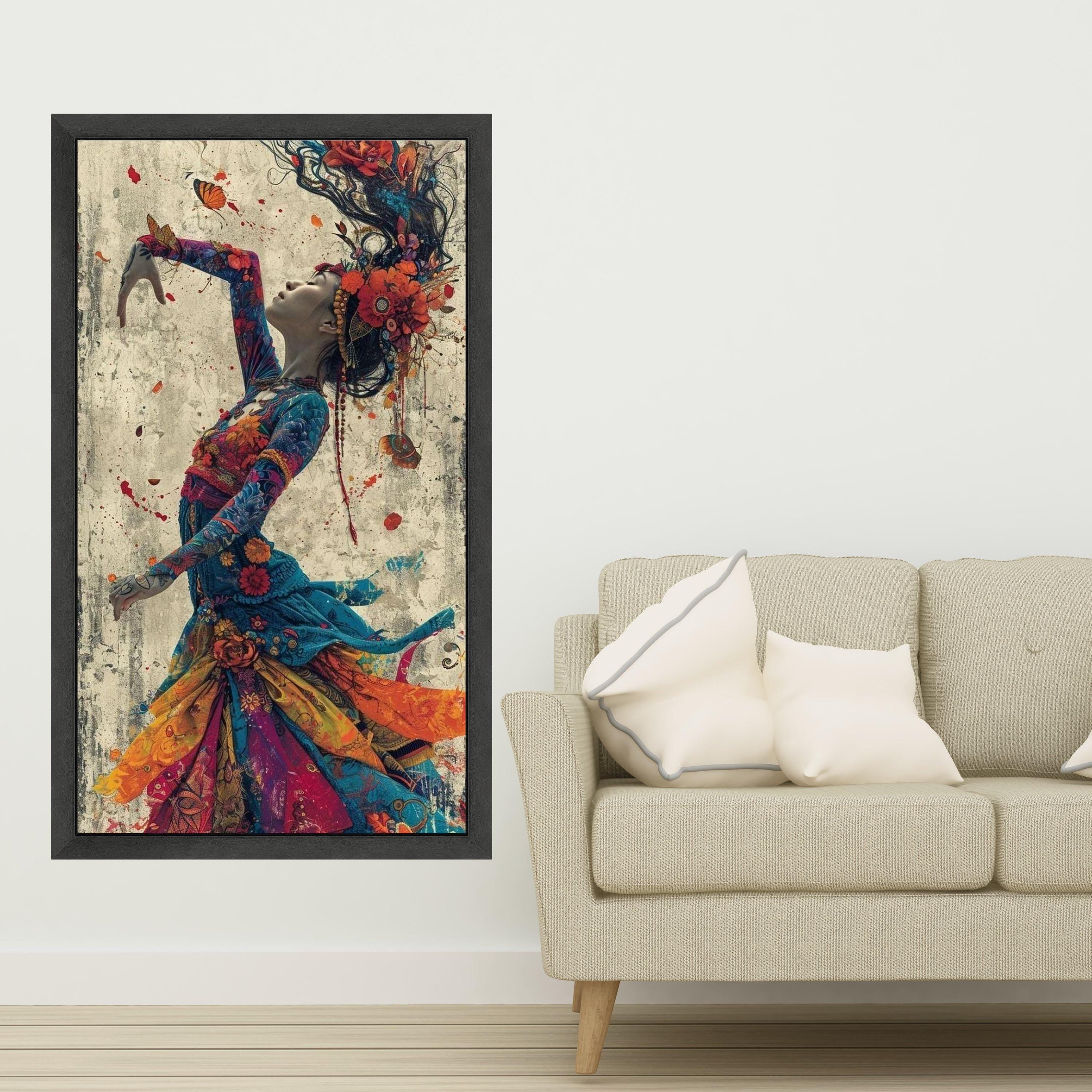 Enchanted Dance Woman, Colorful Floral Dress Canvas, Artistic Portrait Wall Art, Bohemian Style Canvas, Vibrant Home Ready To Hang,