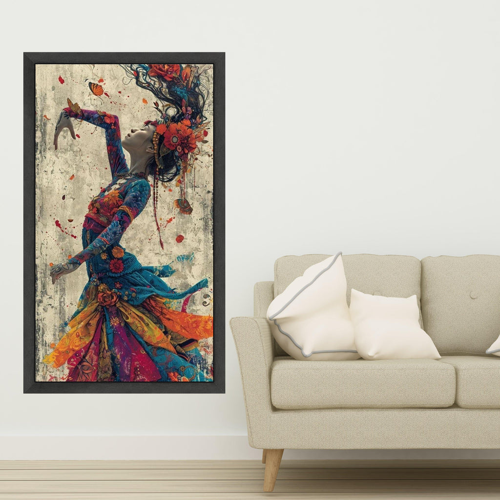 Enchanted Dance Woman, Colorful Floral Dress Canvas, Artistic Portrait Wall Art, Bohemian Style Canvas, Vibrant Home Ready To Hang,