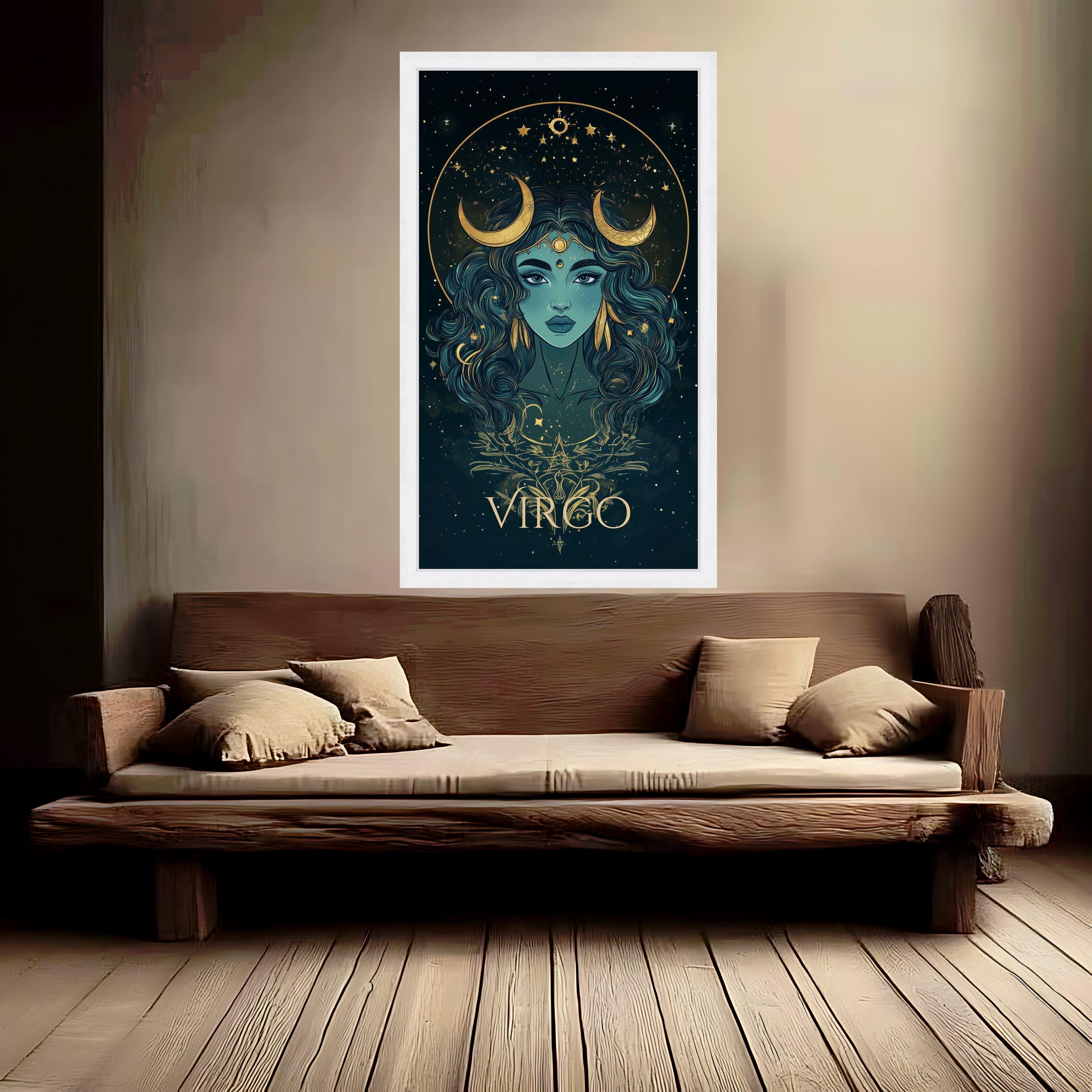 Mystic Virgo Zodiac Canvas Wall Art, Astrology Portrait Print, Celestial Horoscope Decoration, Woman with Crescent Moon, Ready To Hang,