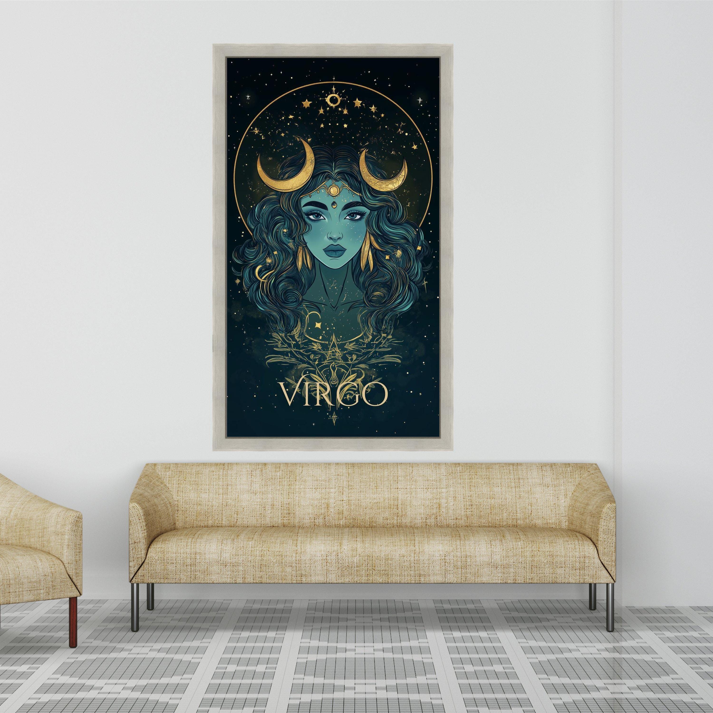 Mystic Virgo Zodiac Canvas Wall Art, Astrology Portrait Print, Celestial Horoscope Decoration, Woman with Crescent Moon, Ready To Hang,
