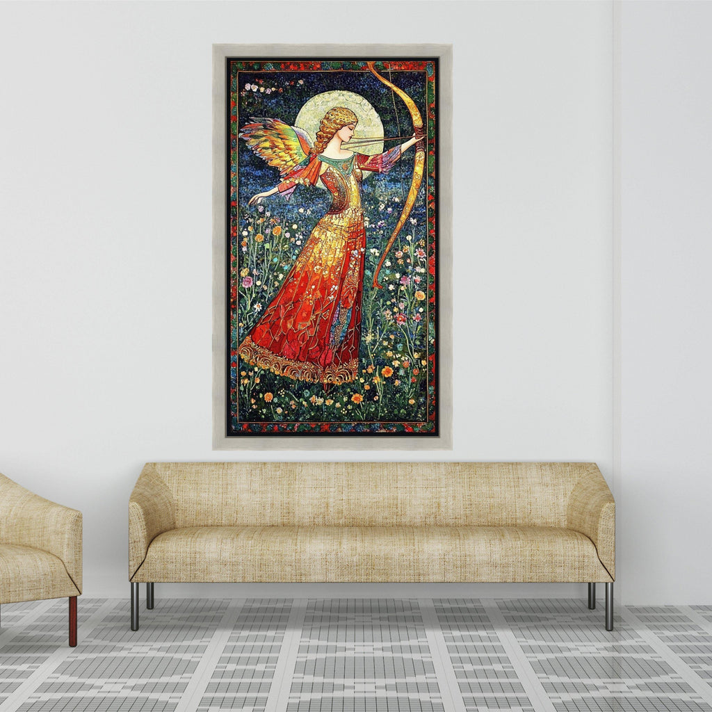 Angelic Archer in Floral Meadow Canvas, Fantasy Wall Art, Mythical Bow and Arrow Painting, Vibrant Winged Figure, Elegant Ready To Hang,