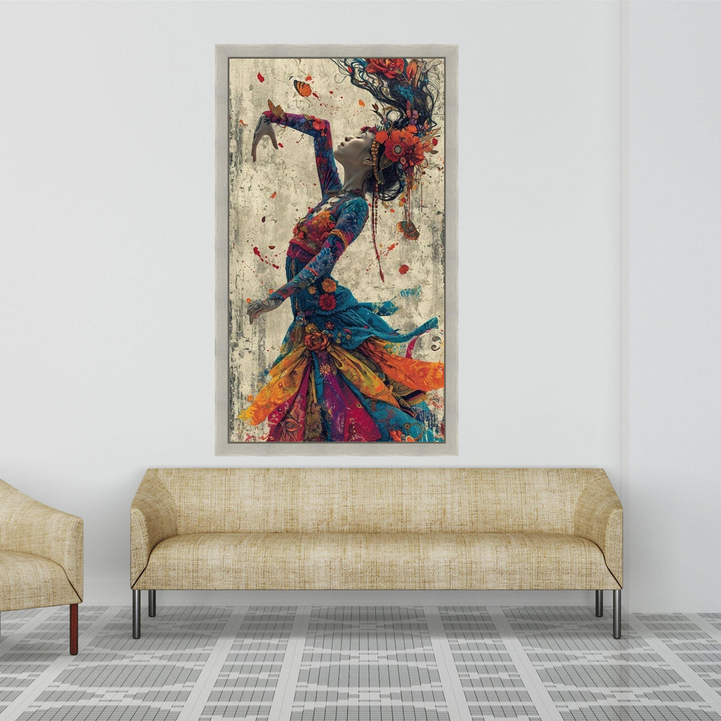 Enchanted Dance Woman, Colorful Floral Dress Canvas, Artistic Portrait Wall Art, Bohemian Style Canvas, Vibrant Home Ready To Hang,