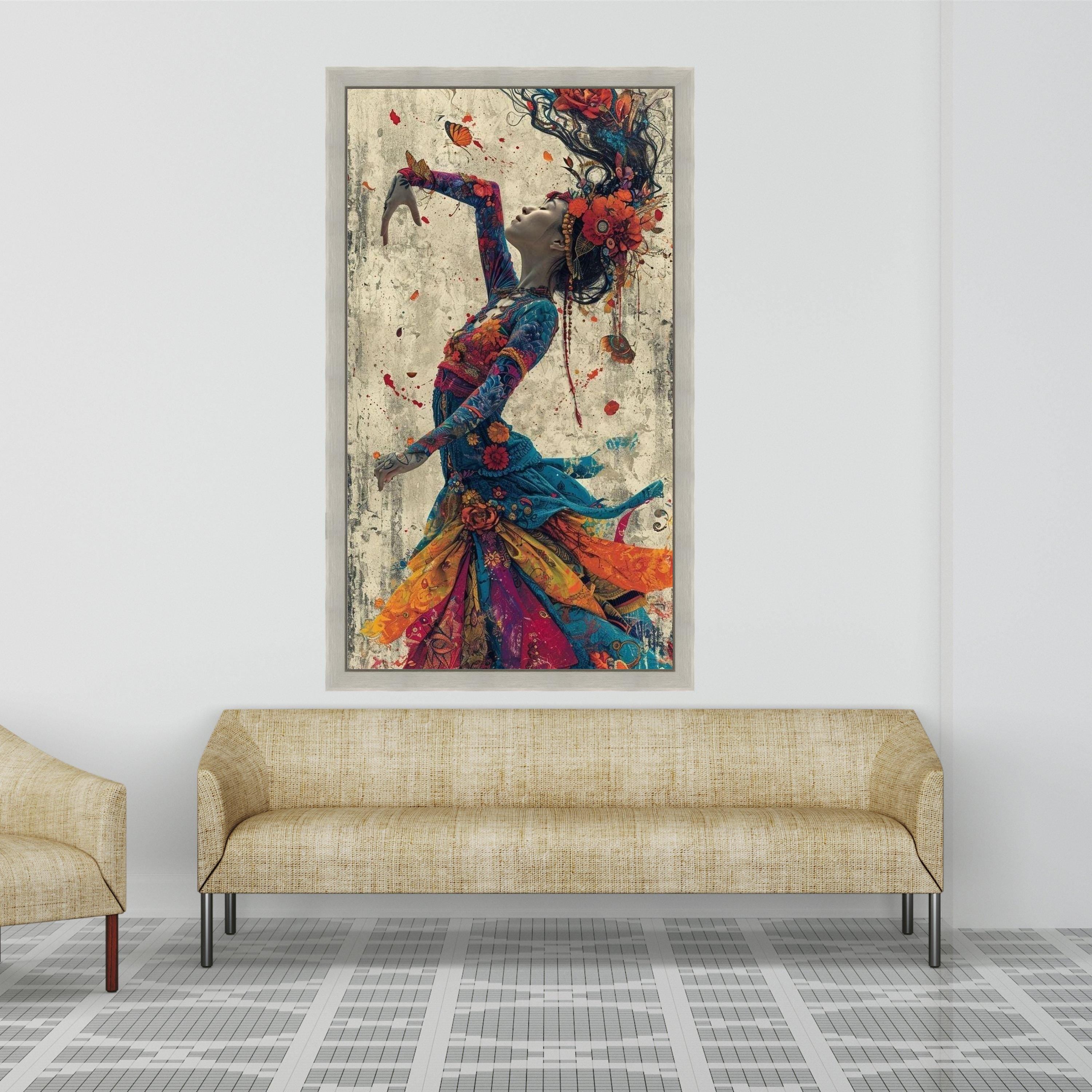 Enchanted Dance Woman, Colorful Floral Dress Canvas, Artistic Portrait Wall Art, Bohemian Style Canvas, Vibrant Home Ready To Hang,