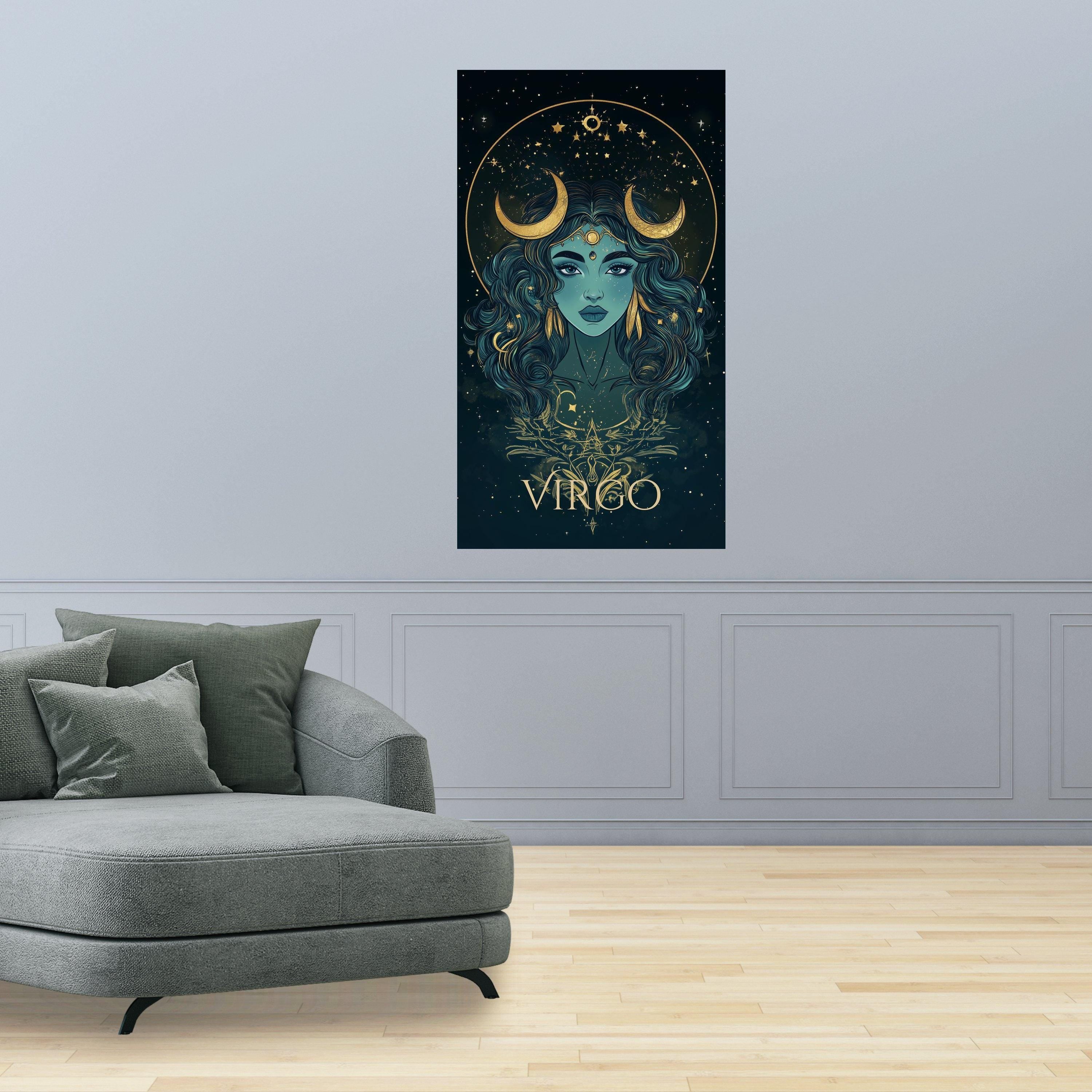 Mystic Virgo Zodiac Canvas Wall Art, Astrology Portrait Print, Celestial Horoscope Decoration, Woman with Crescent Moon, Ready To Hang,