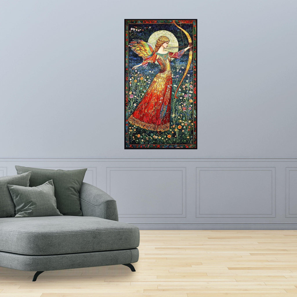 Angelic Archer in Floral Meadow Canvas, Fantasy Wall Art, Mythical Bow and Arrow Painting, Vibrant Winged Figure, Elegant Ready To Hang,