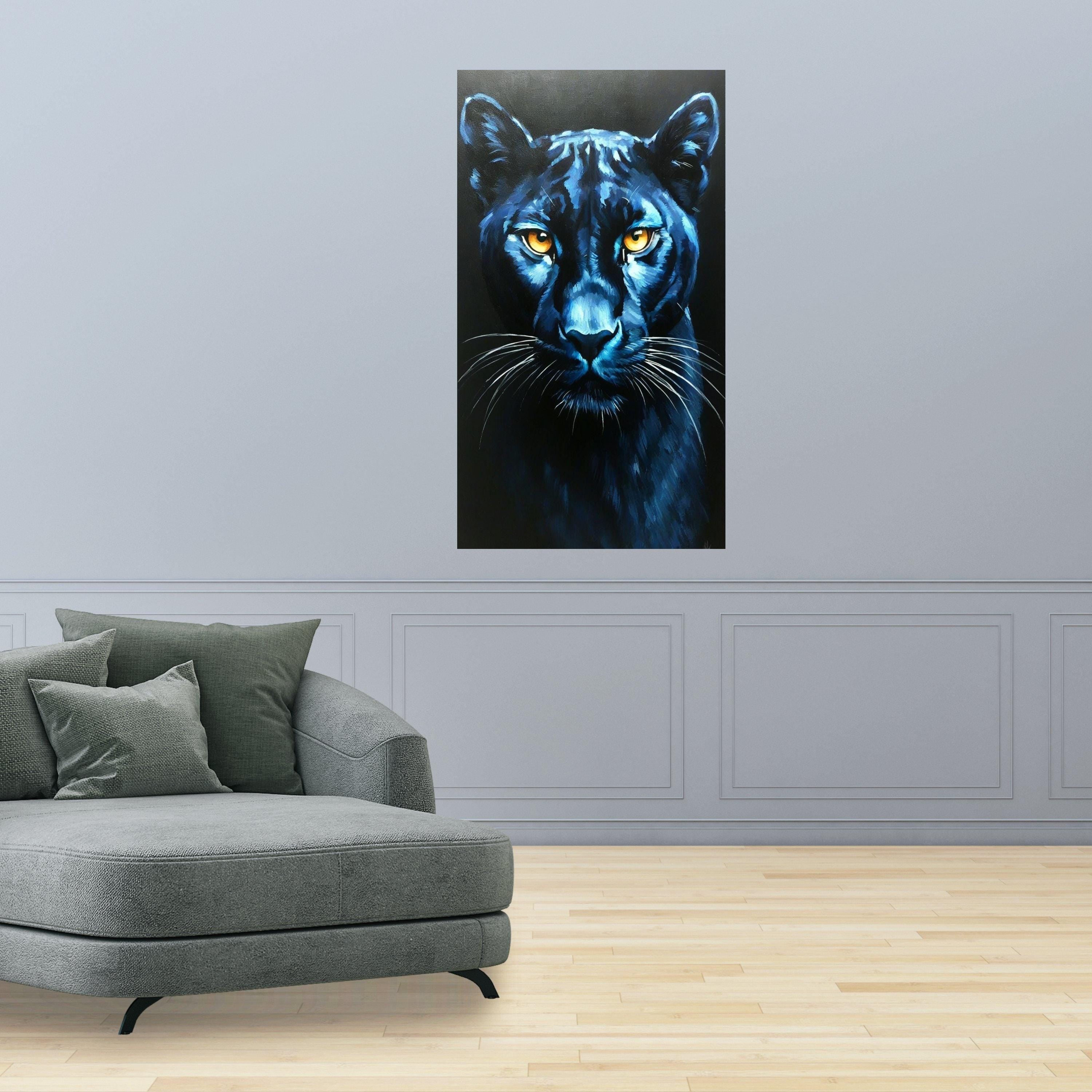 Majestic Black Panther Canvas Wall Art, Blue Toned Animal Portrait, Fierce Wildlife Home Decor, Big Cat Face Painting, Ready Ready To Hang,
