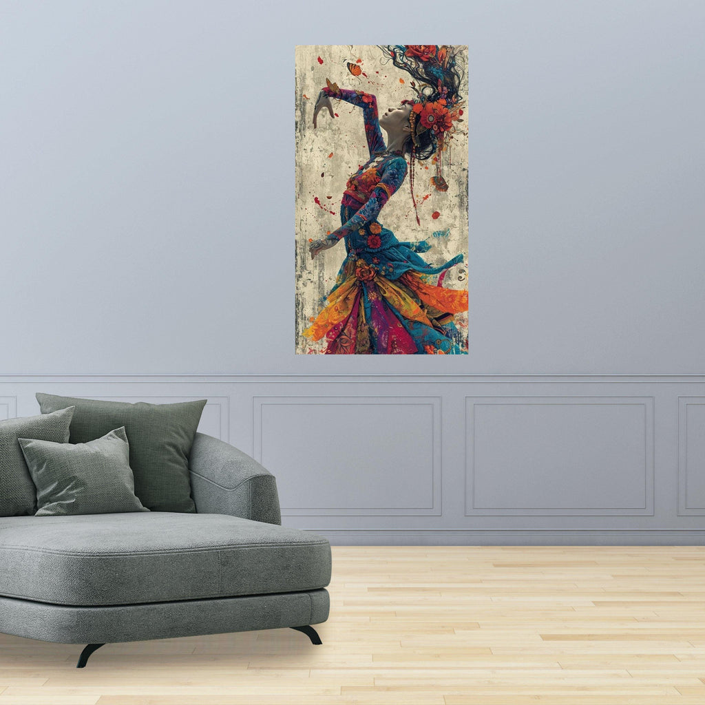 Enchanted Dance Woman, Colorful Floral Dress Canvas, Artistic Portrait Wall Art, Bohemian Style Canvas, Vibrant Home Ready To Hang,