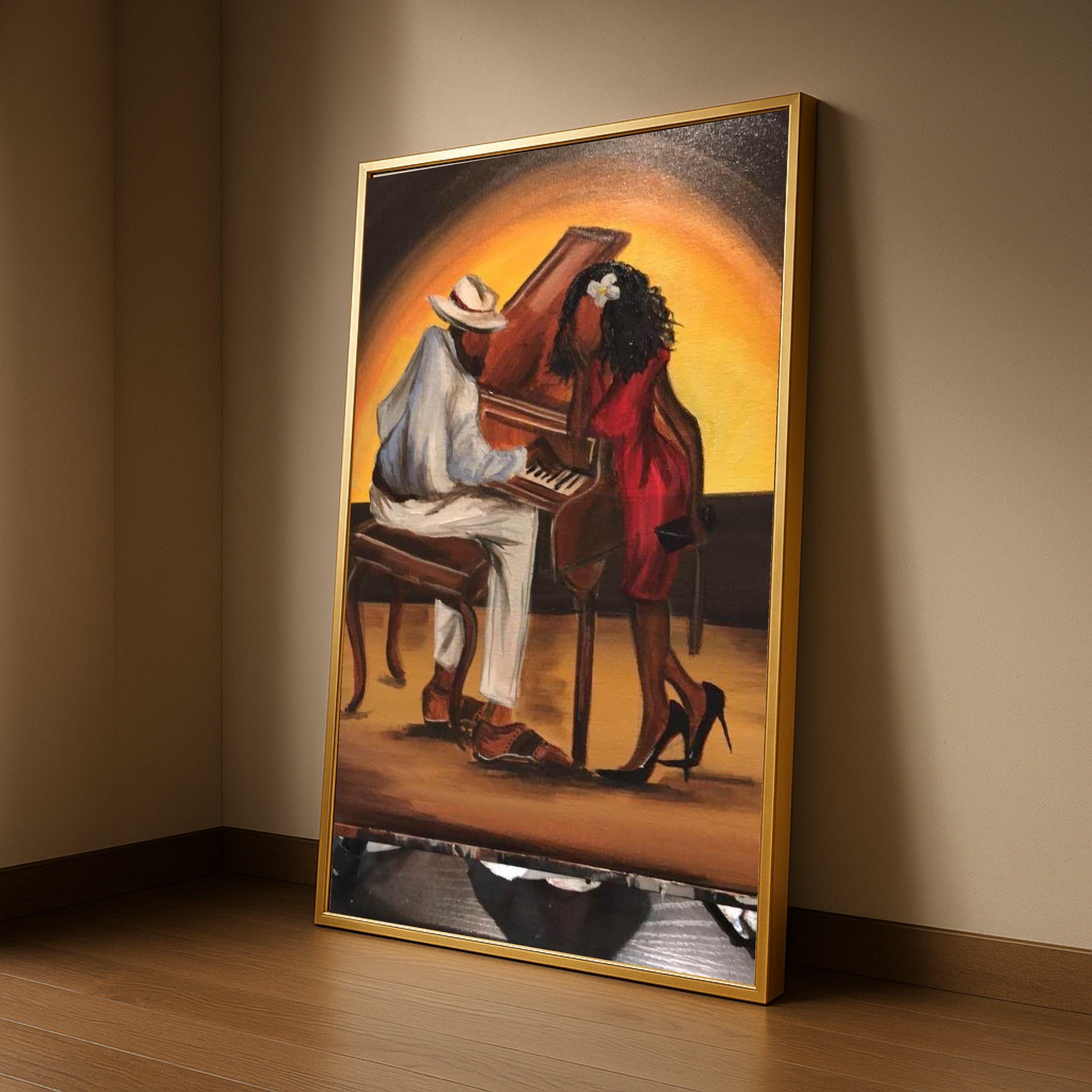 Romantic Jazz Evening Canvas, Piano Music Lovers Wall Art, Couple Playing Piano Artwork, Warm Glow Home Decor, Elegant Music Ready To Hang,