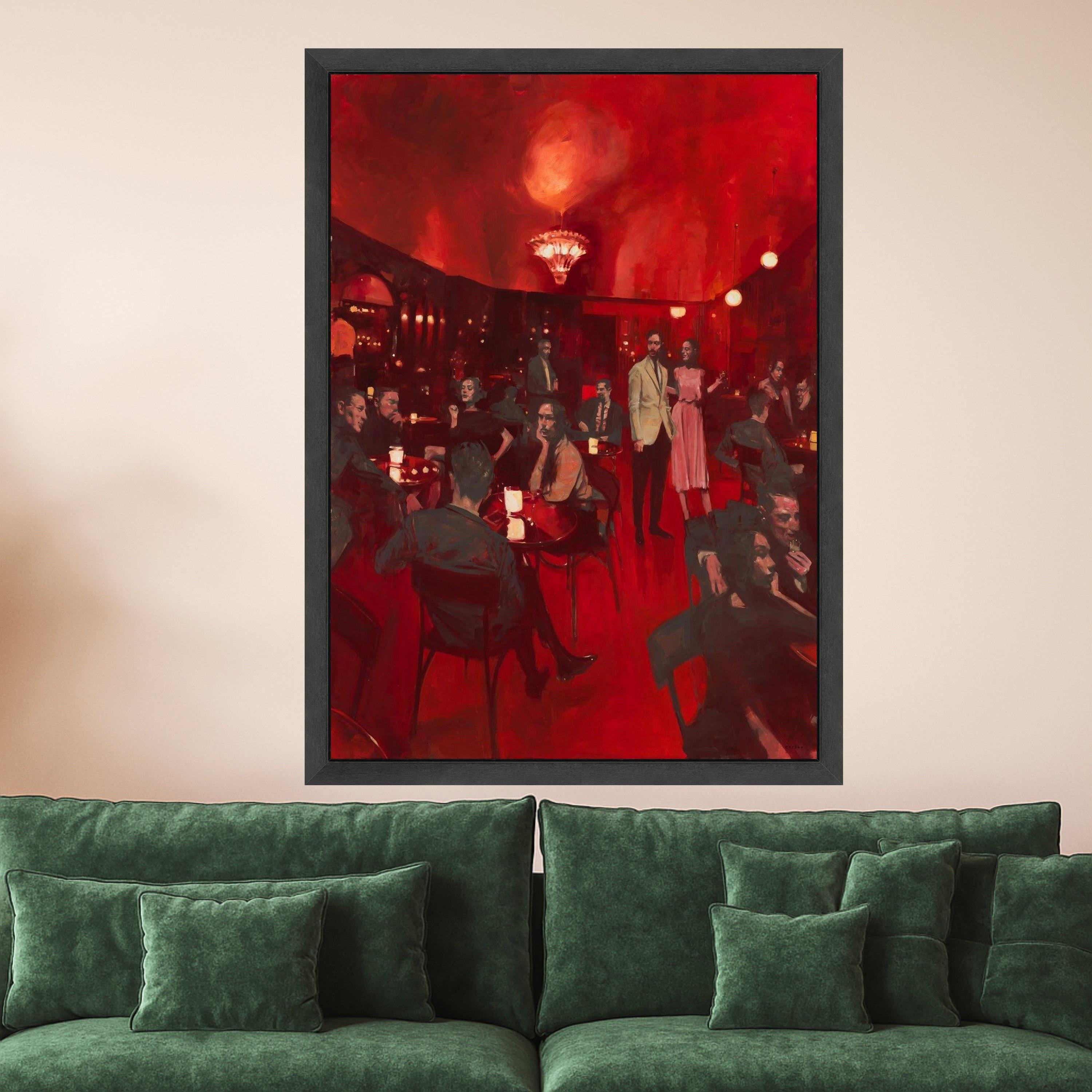 Vintage Nightclub Scene Canvas, Red Ambiance Wall Art, Retro Bar Interior Painting, Elegant Social Gathering Canvas, Dramatic Ready To Hang,