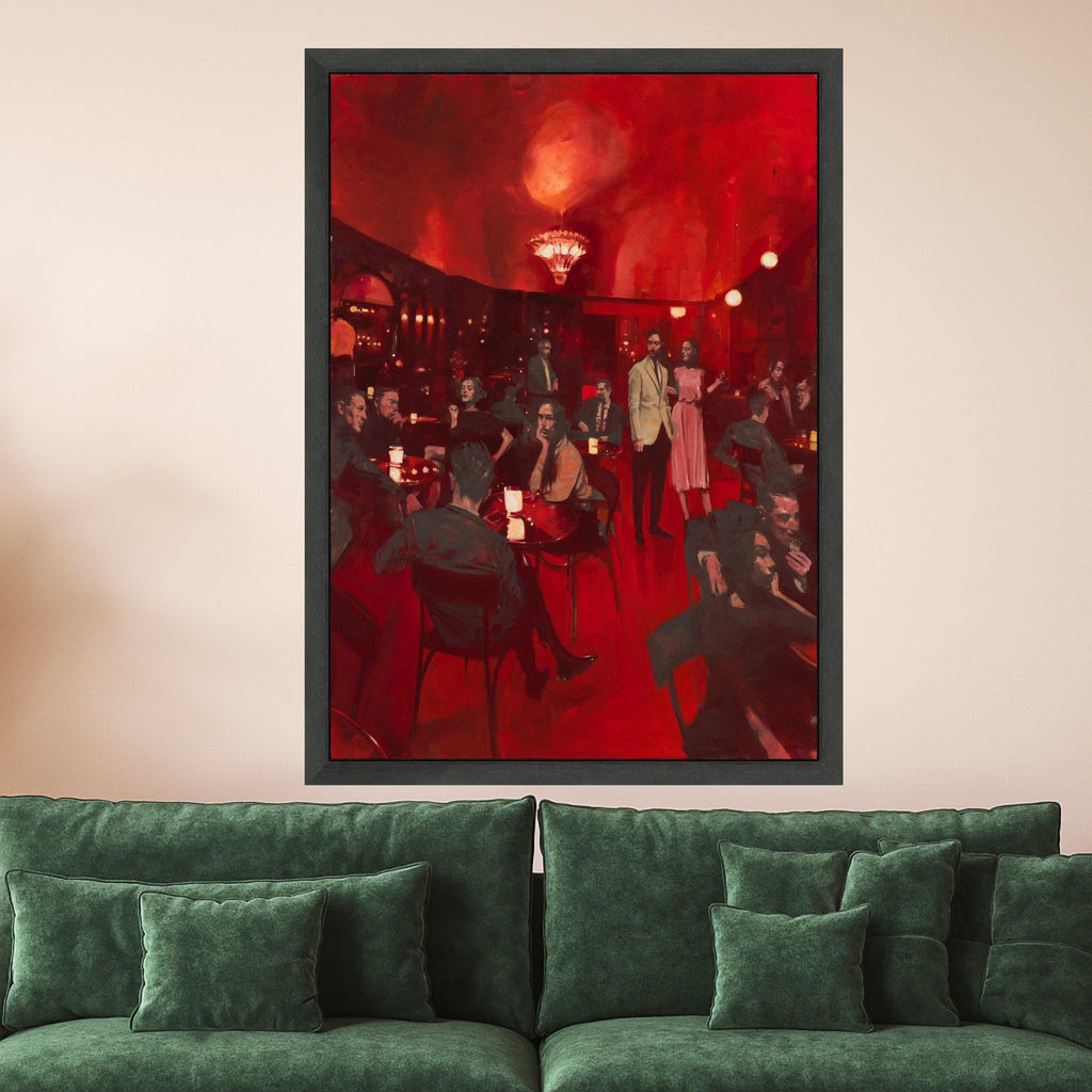 Vintage Nightclub Scene Canvas, Red Ambiance Wall Art, Retro Bar Interior Painting, Elegant Social Gathering Canvas, Dramatic Ready To Hang,
