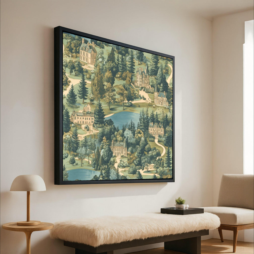 Vintage Estate Landscape Canvas, European Manor Houses Wall Art, Scenic Garden and Lake Painting, Classic Architectural Ready To Hang,