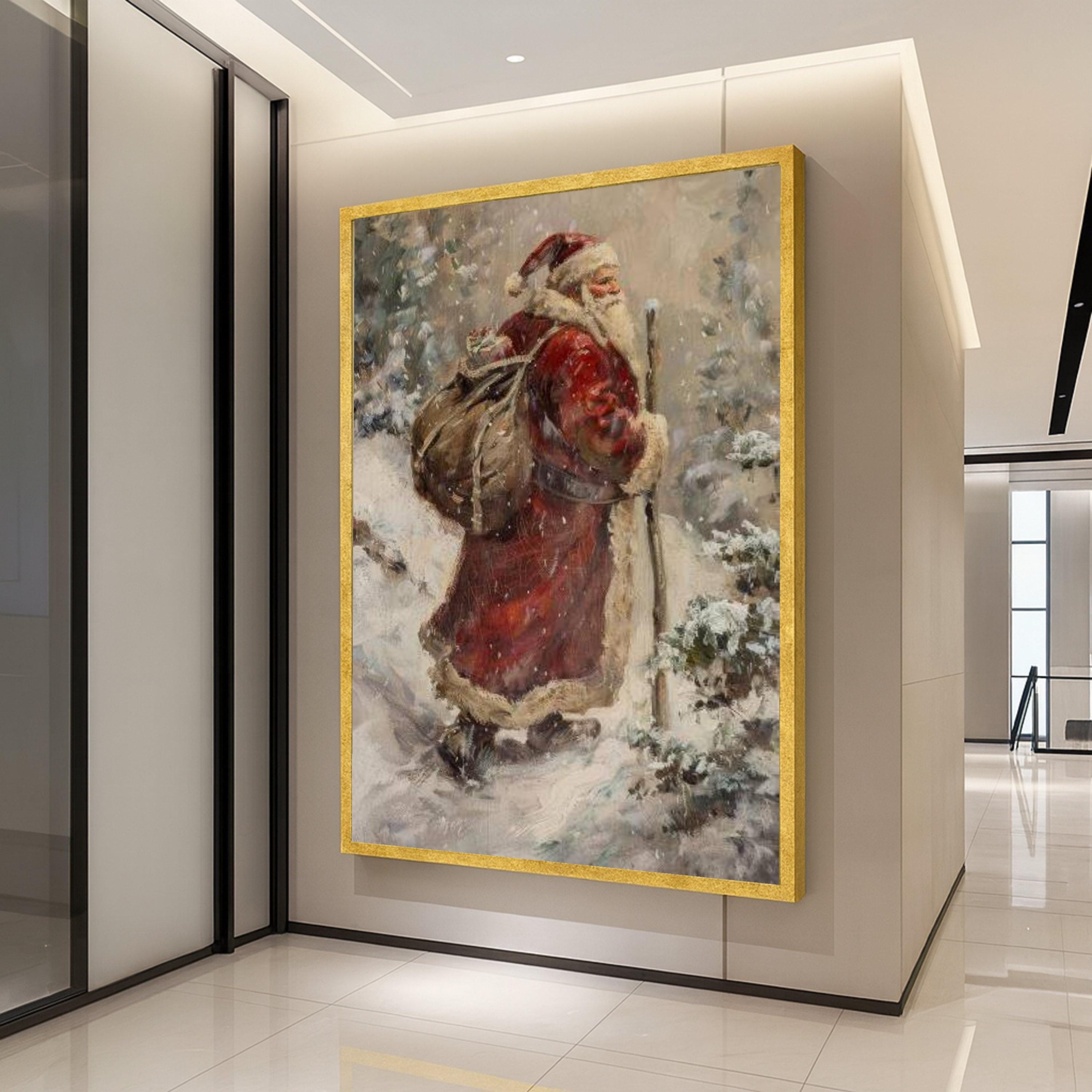 Vintage Santa Claus Canvas, Christmas Holiday Wall Art, Snowy Winter Scene, Santa with Sack Canvas, Festive Seasonal Ready To Hang,