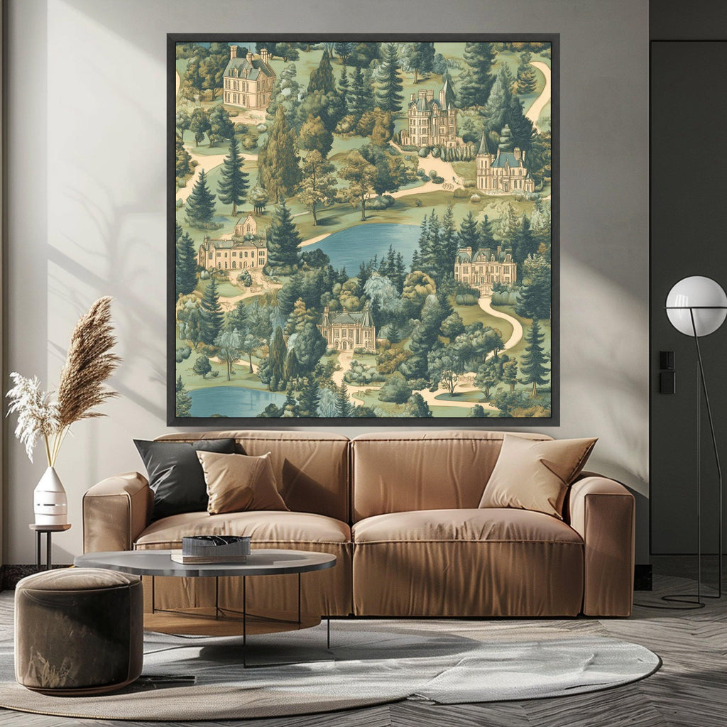Vintage Estate Landscape Canvas, European Manor Houses Wall Art, Scenic Garden and Lake Painting, Classic Architectural Ready To Hang,