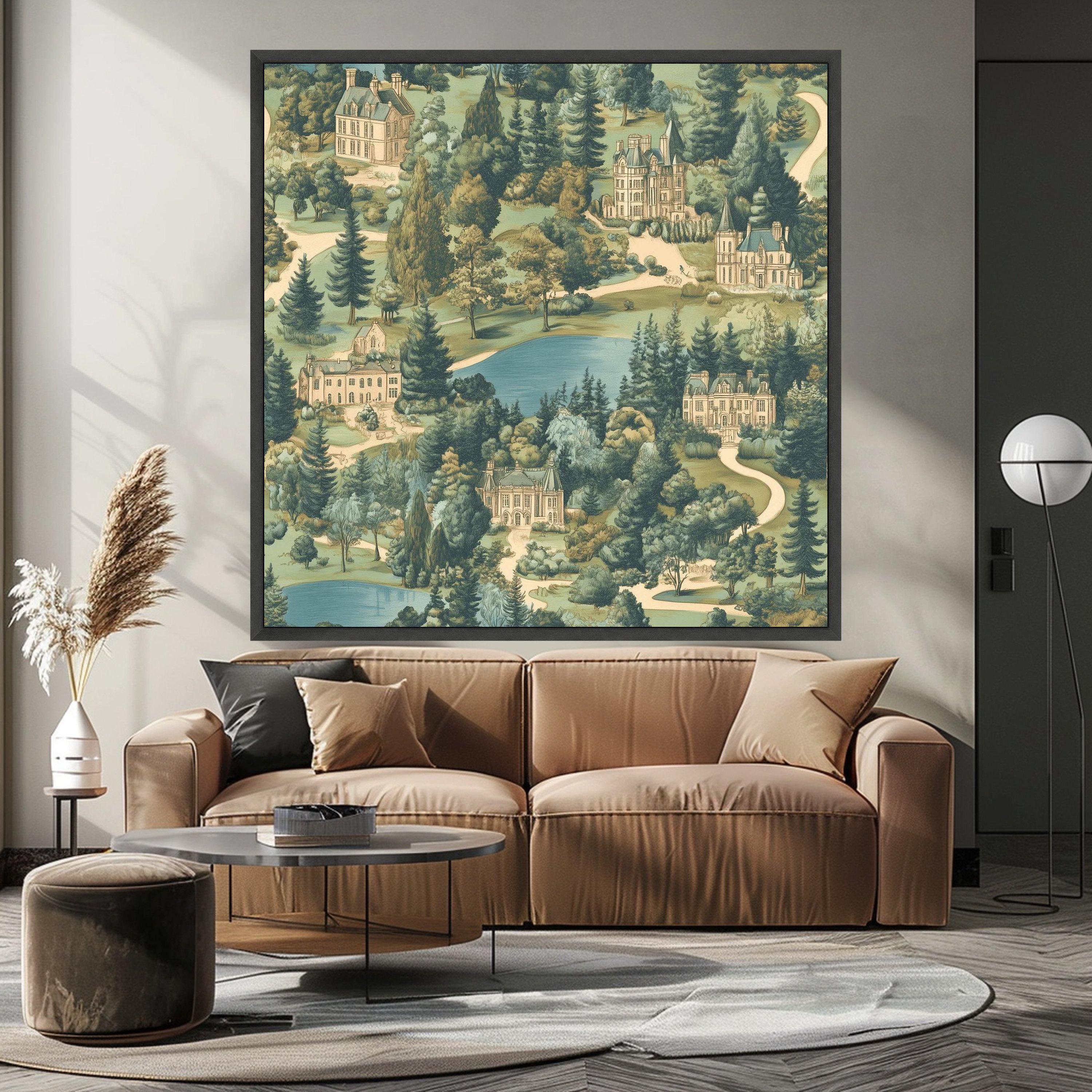 Vintage Estate Landscape Canvas, European Manor Houses Wall Art, Scenic Garden and Lake Painting, Classic Architectural Ready To Hang,