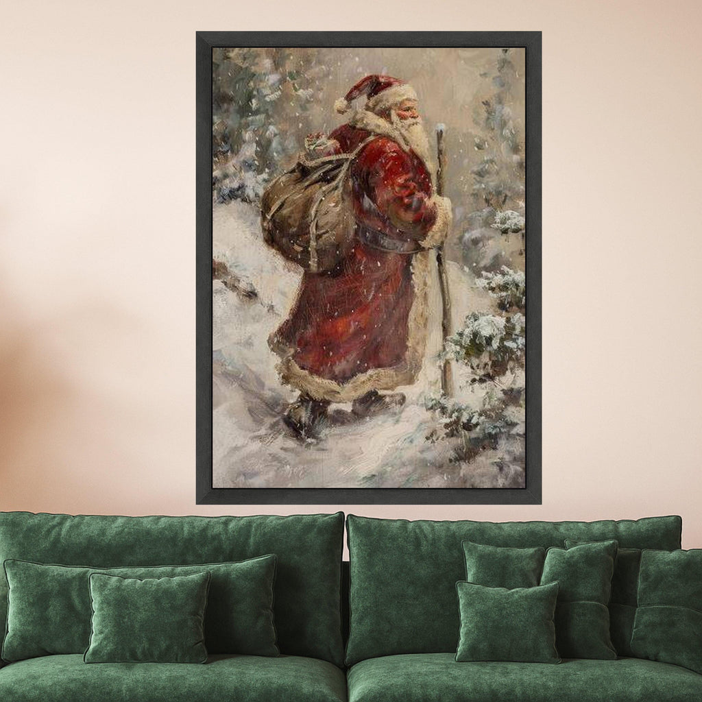 Vintage Santa Claus Canvas, Christmas Holiday Wall Art, Snowy Winter Scene, Santa with Sack Canvas, Festive Seasonal Ready To Hang,