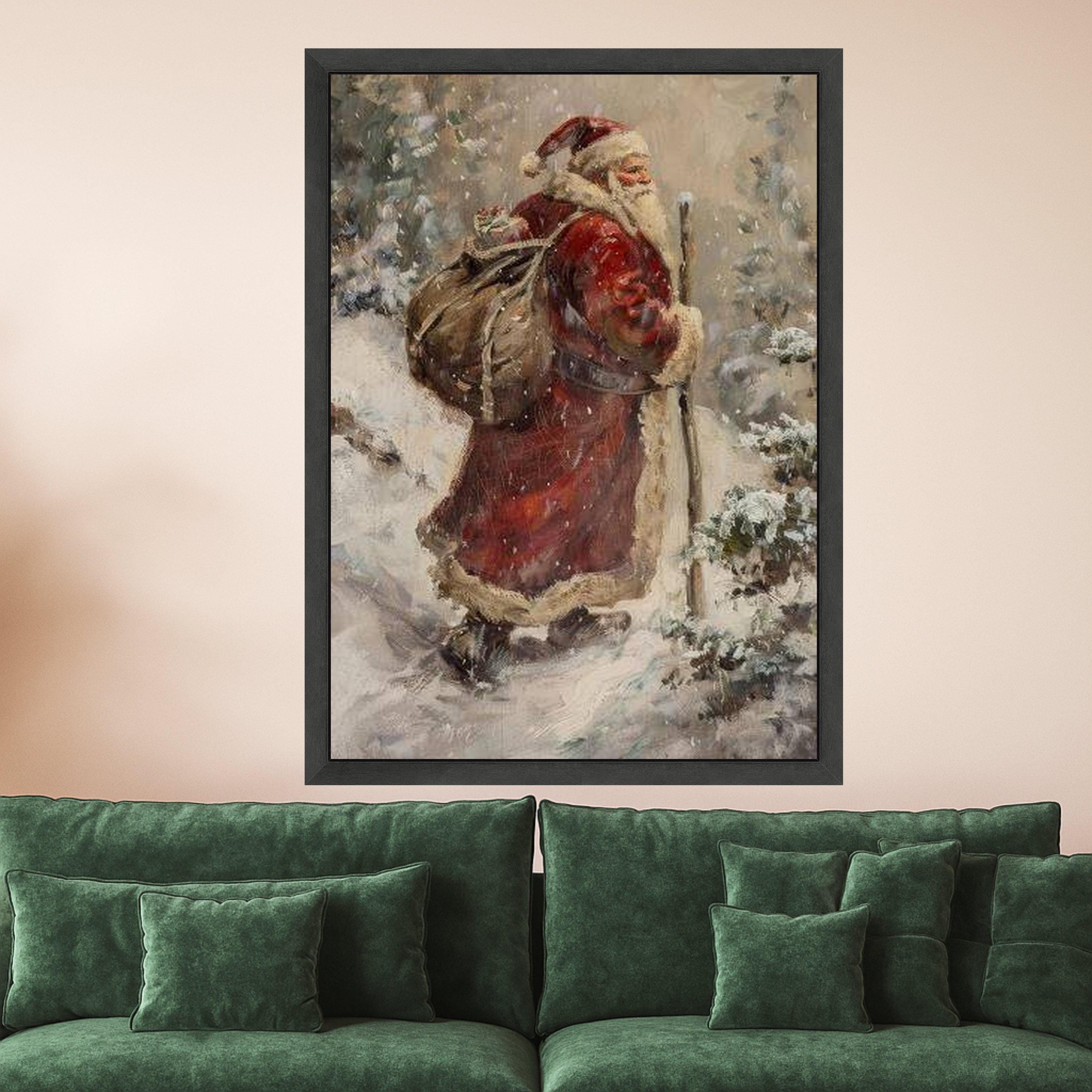 Vintage Santa Claus Canvas, Christmas Holiday Wall Art, Snowy Winter Scene, Santa with Sack Canvas, Festive Seasonal Ready To Hang,