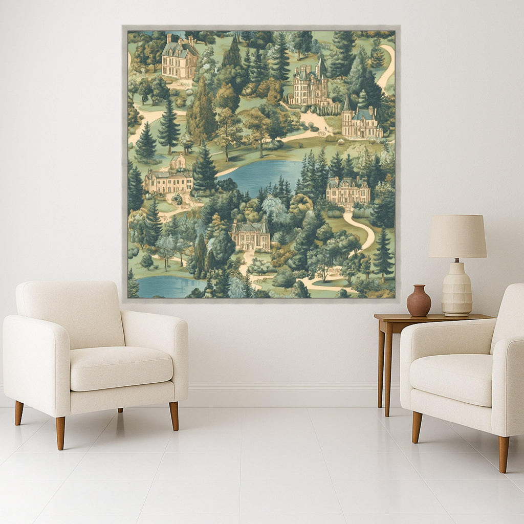 Vintage Estate Landscape Canvas, European Manor Houses Wall Art, Scenic Garden and Lake Painting, Classic Architectural Ready To Hang,