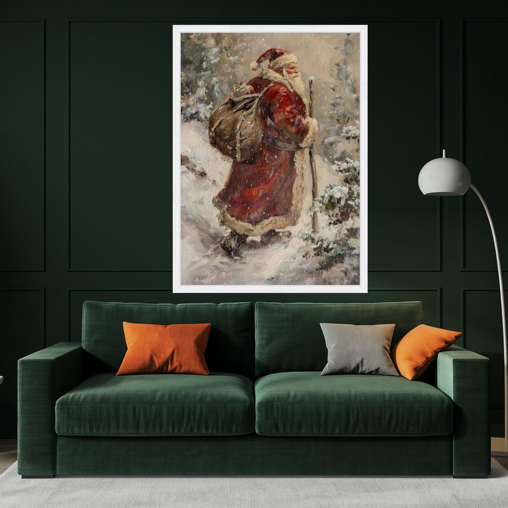 Vintage Santa Claus Canvas, Christmas Holiday Wall Art, Snowy Winter Scene, Santa with Sack Canvas, Festive Seasonal Ready To Hang,