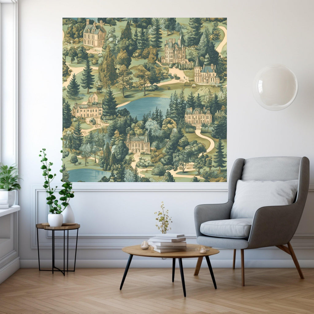 Vintage Estate Landscape Canvas, European Manor Houses Wall Art, Scenic Garden and Lake Painting, Classic Architectural Ready To Hang,
