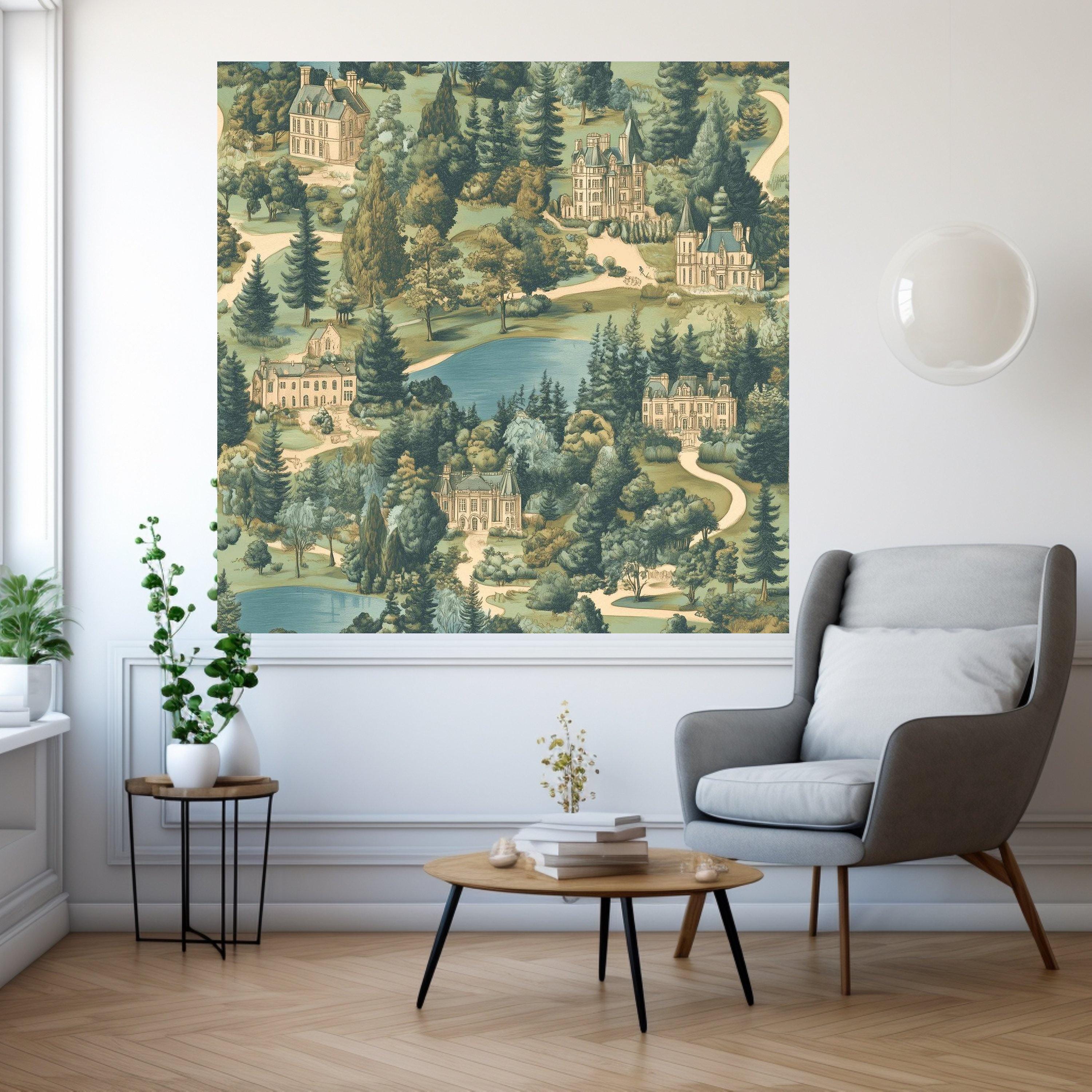 Vintage Estate Landscape Canvas, European Manor Houses Wall Art, Scenic Garden and Lake Painting, Classic Architectural Ready To Hang,