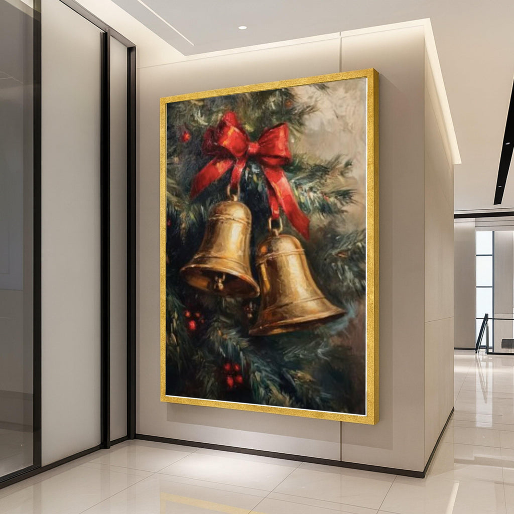 Christmas Bells Canvas Wall Art, Holiday Decoration, Festive Red Bow, Winter Season Canvas, Holiday Home Decor, Ready to Hang Ready To Hang,