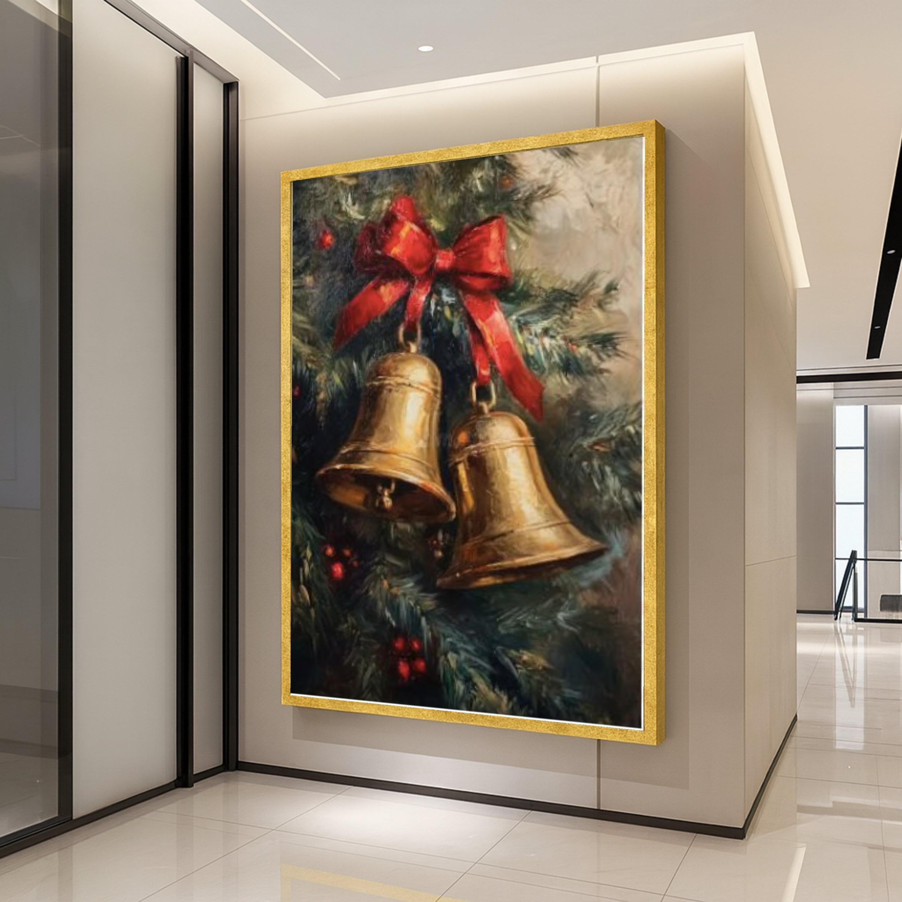 Christmas Bells Canvas Wall Art, Holiday Decoration, Festive Red Bow, Winter Season Canvas, Holiday Home Decor, Ready to Hang Ready To Hang,