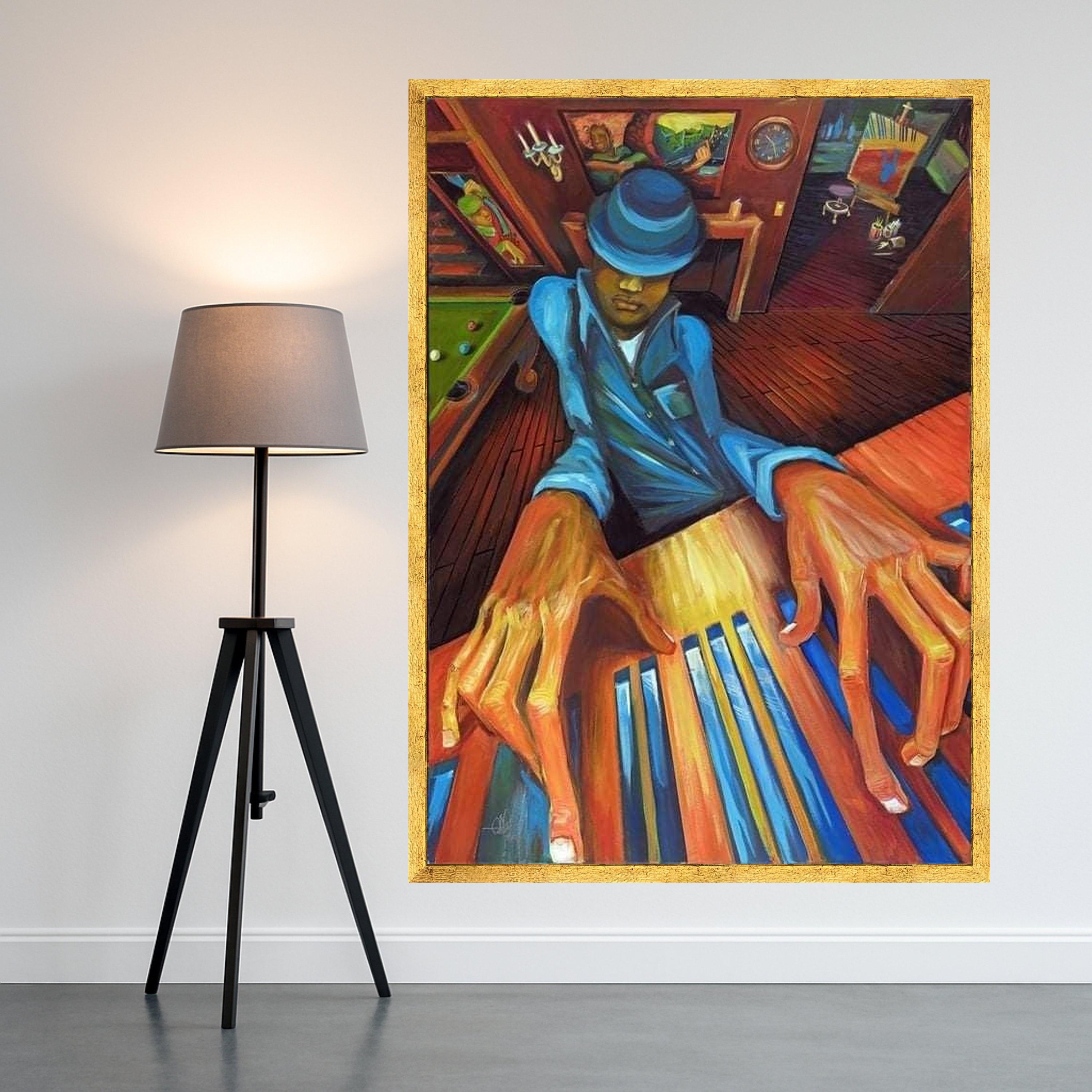 Jazz Musician Playing Piano Canvas Wall Art, Blue Suit Art, Abstract Musician Painting, Modern Home Decor, Vibrant Colorful Ready To Hang,