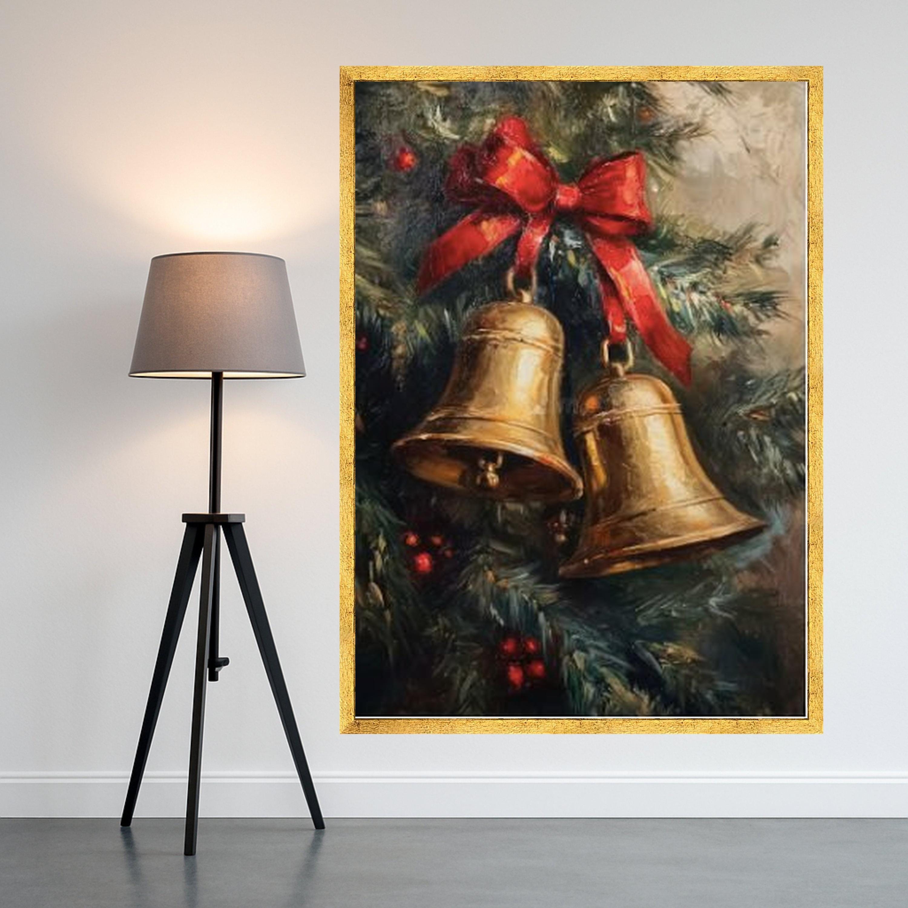 Christmas Bells Canvas Wall Art, Holiday Decoration, Festive Red Bow, Winter Season Canvas, Holiday Home Decor, Ready to Hang Ready To Hang,