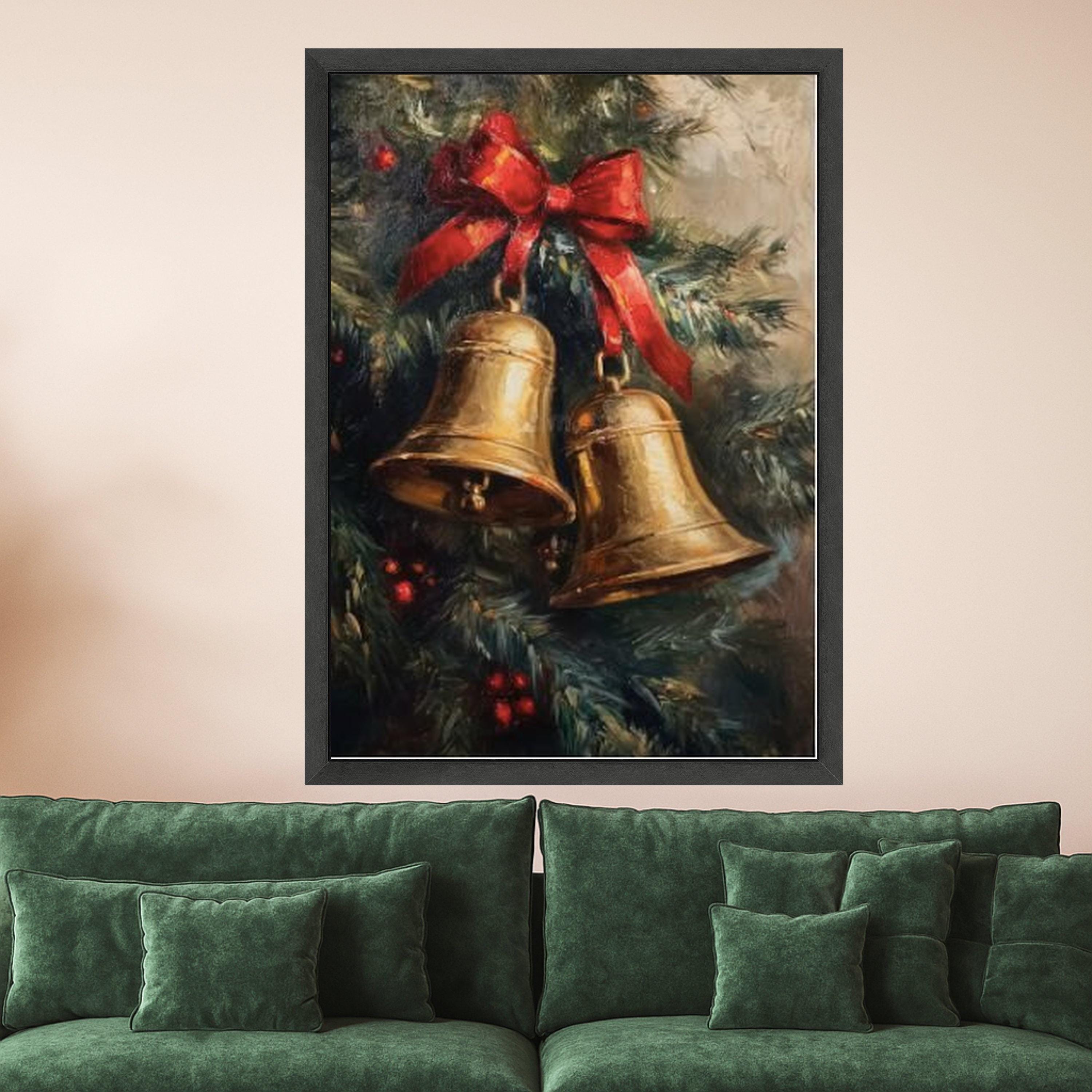 Christmas Bells Canvas Wall Art, Holiday Decoration, Festive Red Bow, Winter Season Canvas, Holiday Home Decor, Ready to Hang Ready To Hang,
