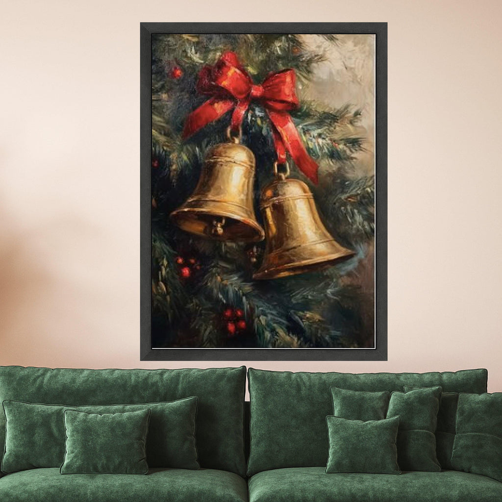 Christmas Bells Canvas Wall Art, Holiday Decoration, Festive Red Bow, Winter Season Canvas, Holiday Home Decor, Ready to Hang Ready To Hang,