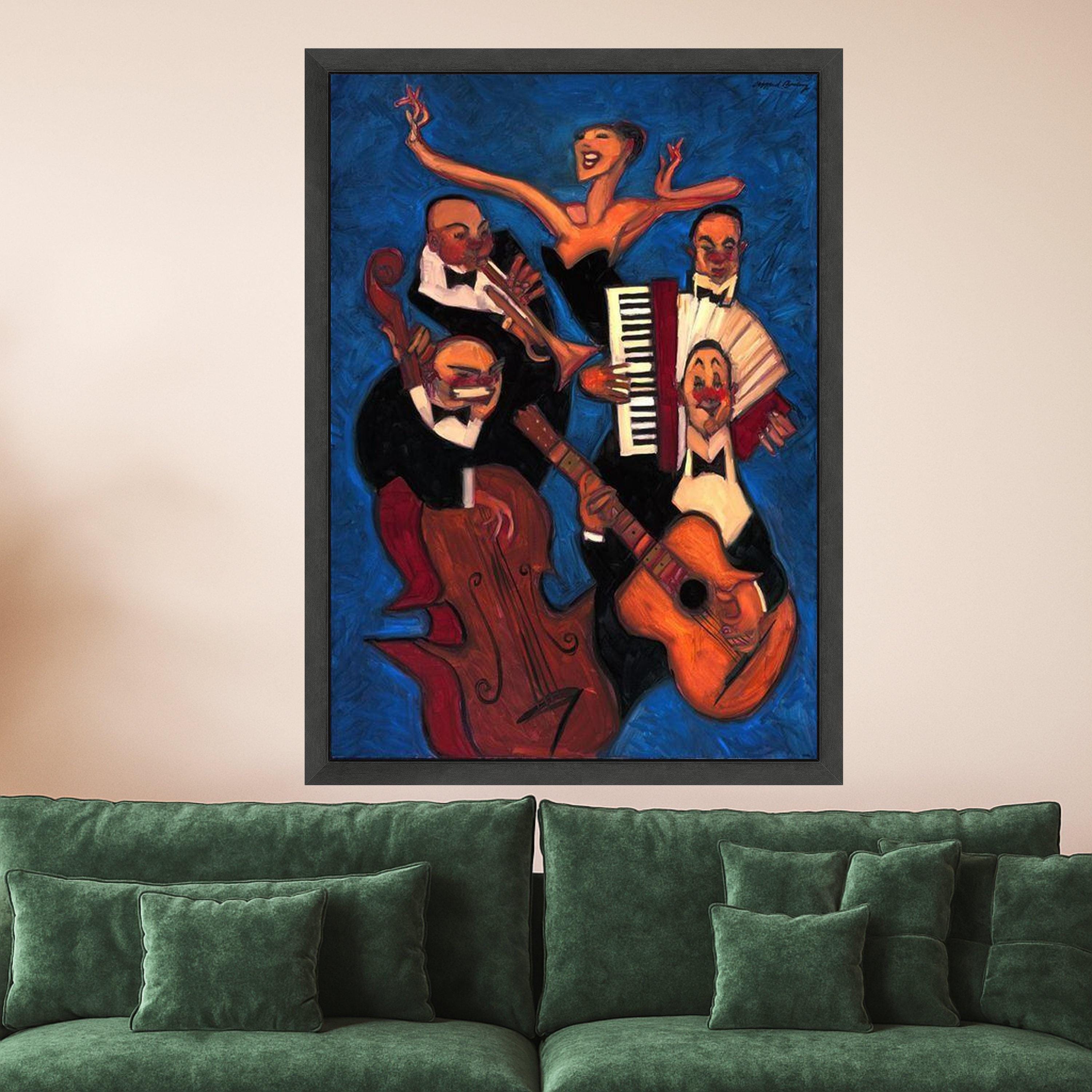 Jazz Band Performance Canvas Wall Art, Abstract Musician Painting, Vibrant Blue Background, Musical Instrument Artwork, Home Ready To Hang,