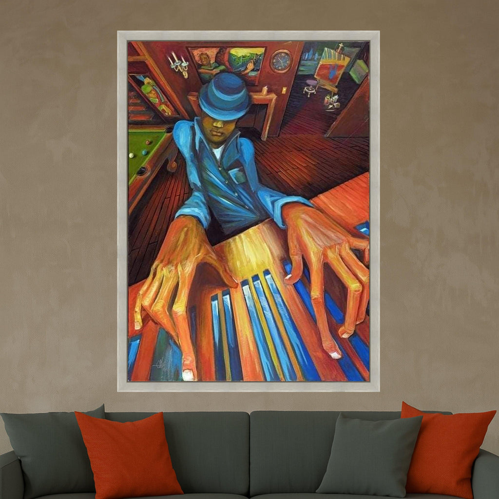 Jazz Musician Playing Piano Canvas Wall Art, Blue Suit Art, Abstract Musician Painting, Modern Home Decor, Vibrant Colorful Ready To Hang,