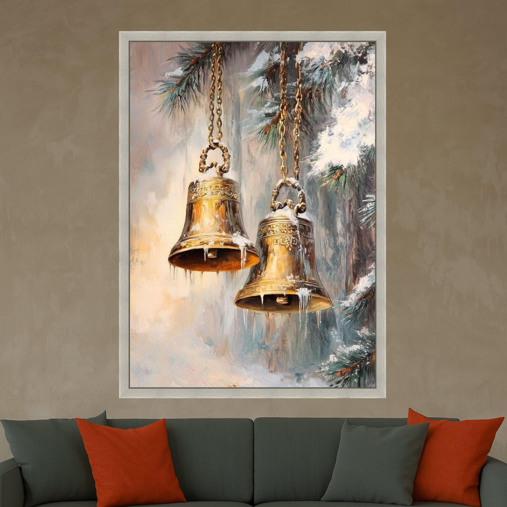 Golden Bells with Icicles, Winter Holiday Canvas, Christmas Pine Tree Art, Seasonal Wall Decoration, Festive Home Canvas Art Ready To Hang,