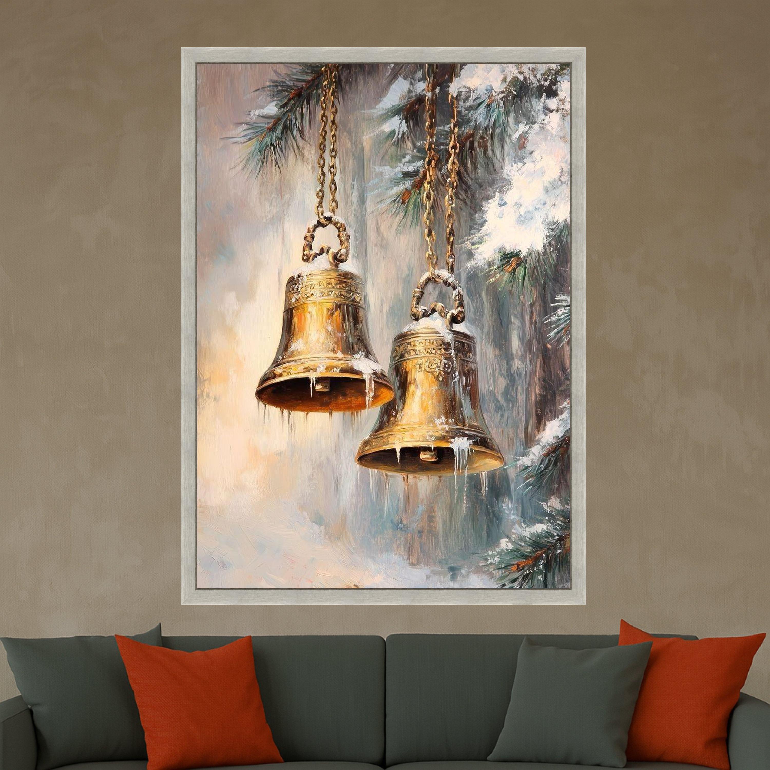 Golden Bells with Icicles, Winter Holiday Canvas, Christmas Pine Tree Art, Seasonal Wall Decoration, Festive Home Canvas Art Ready To Hang,
