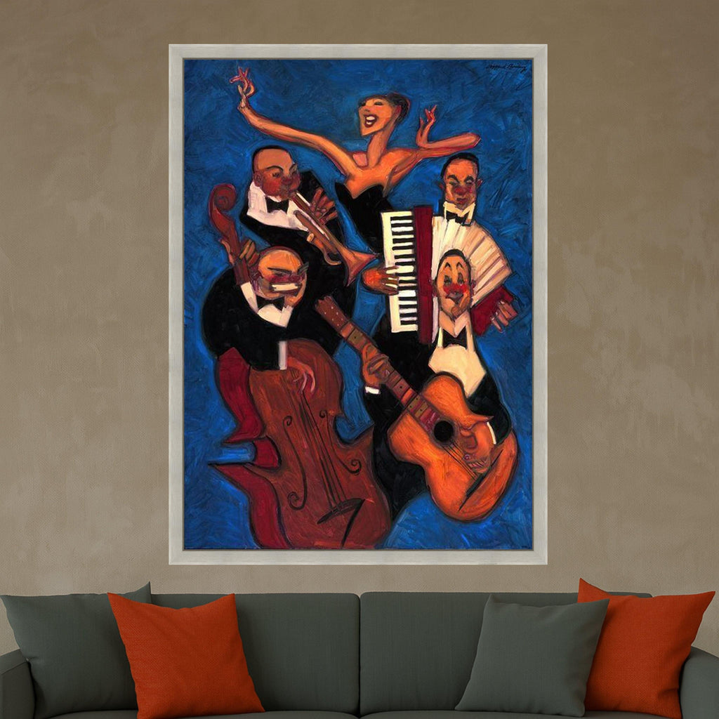 Jazz Band Performance Canvas Wall Art, Abstract Musician Painting, Vibrant Blue Background, Musical Instrument Artwork, Home Ready To Hang,