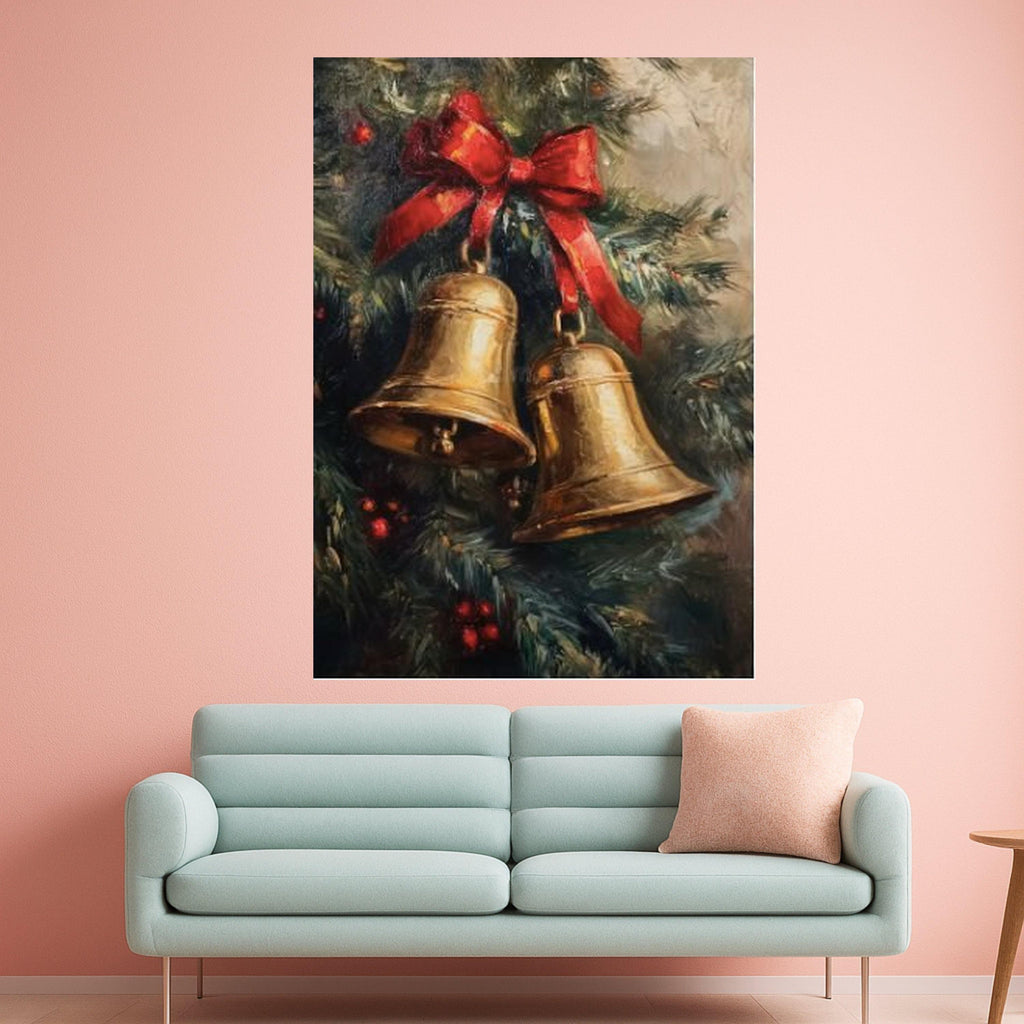 Christmas Bells Canvas Wall Art, Holiday Decoration, Festive Red Bow, Winter Season Canvas, Holiday Home Decor, Ready to Hang Ready To Hang,