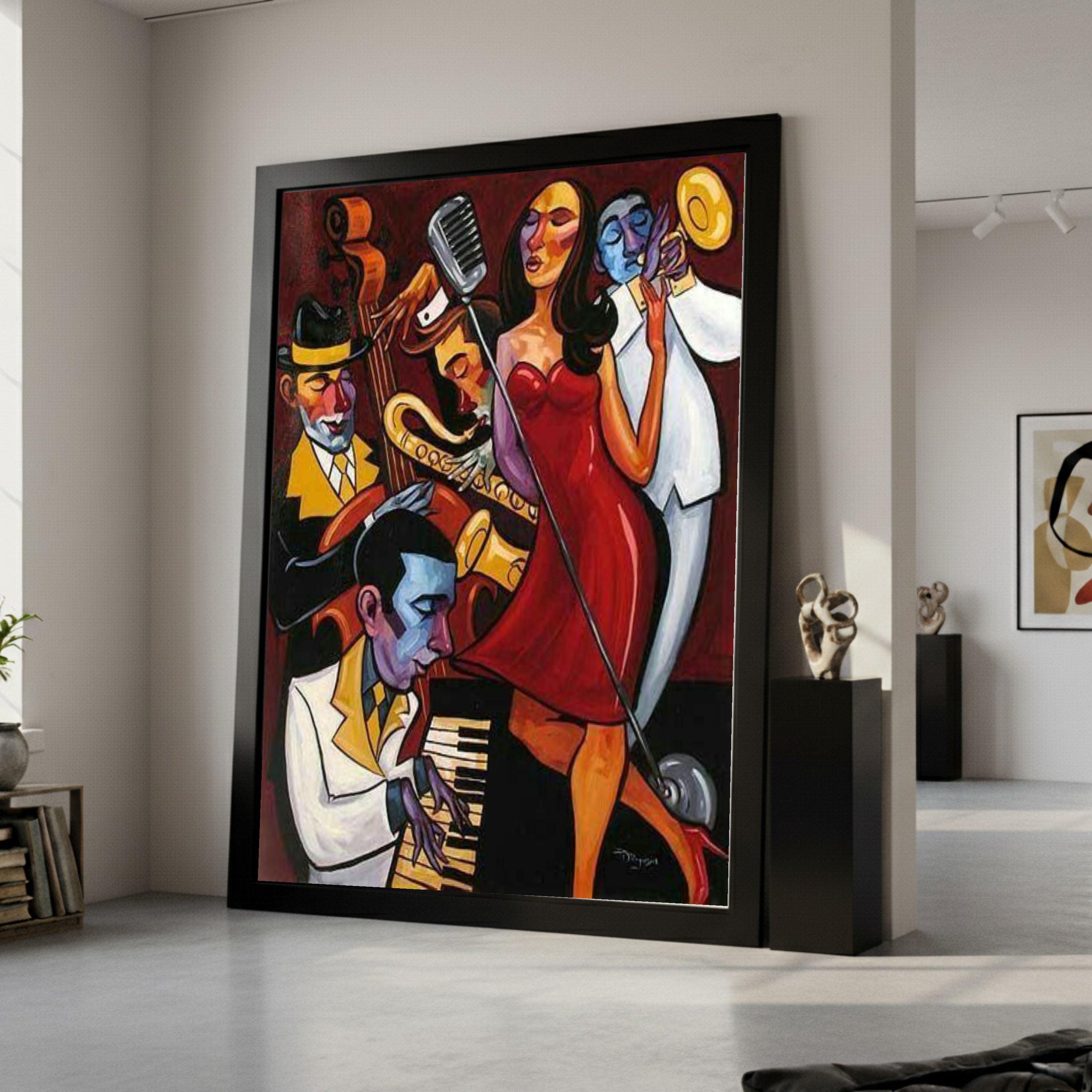 Jazz Band Performance Canvas, Live Music Wall Art, Abstract Musician Painting, Vibrant Home Decor, Saxophone Trumpet Canvas Ready To Hang,