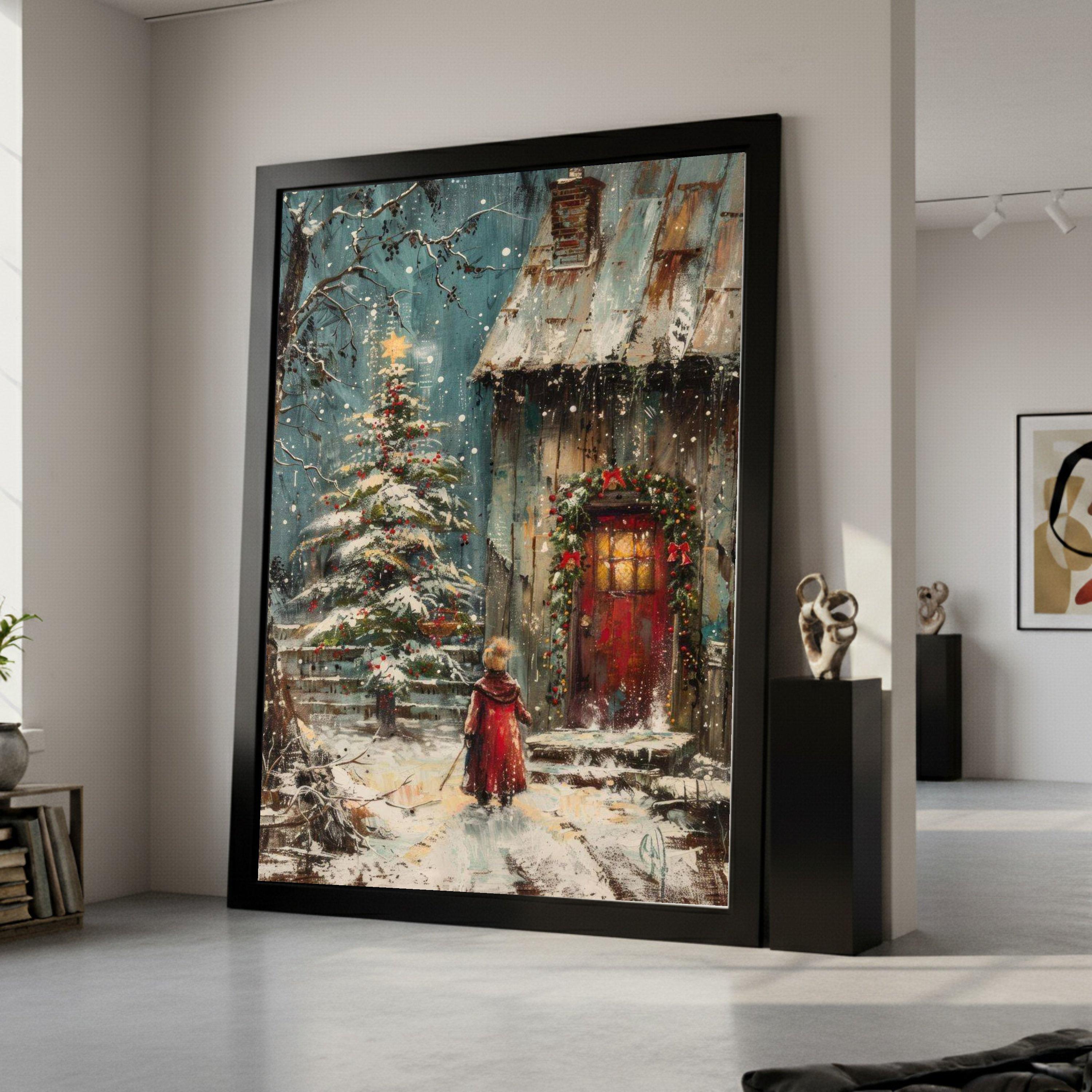 Magical Winter Evening, Christmas Tree and Cozy Cottage Canvas, Holiday Seasonal Wall Art, Snowy Landscape Painting, Festive Ready To Hang,