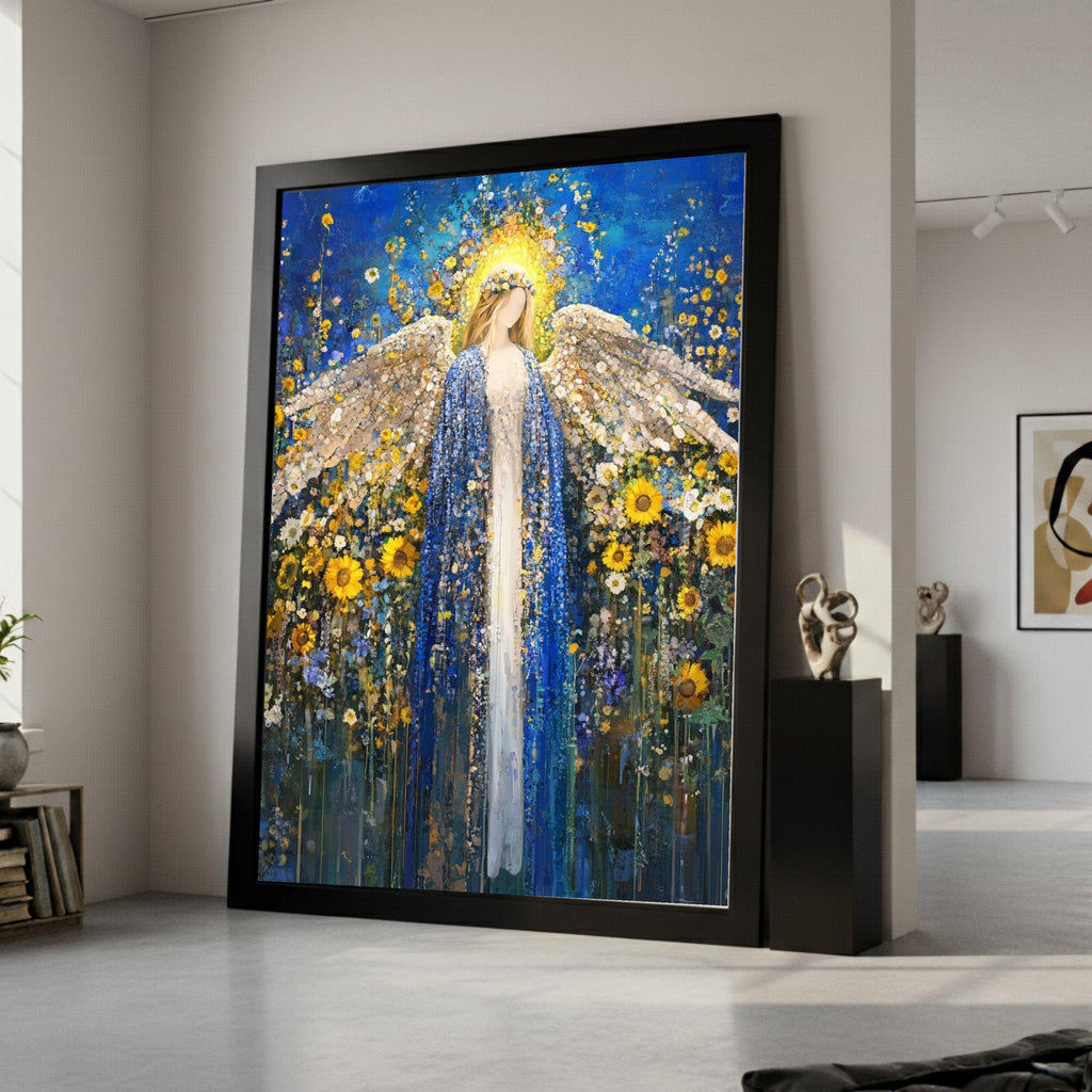 Radiant Angel in Blue Cloak Canvas, Floral Sunflower Wall Art, Spiritual Decor, Abstract Angel Painting, Peaceful Home Ready To Hang,